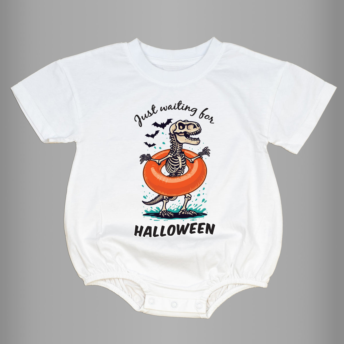 Cuddle Sleep Dream Waiting for Halloween Dinosaur | White Oversize Bodysuit Short Sleeve