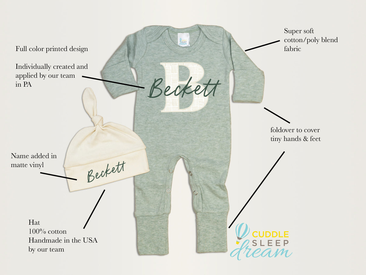 Cuddle Sleep Dream Bundles Weave Initial Romper &amp; Hat | Sage