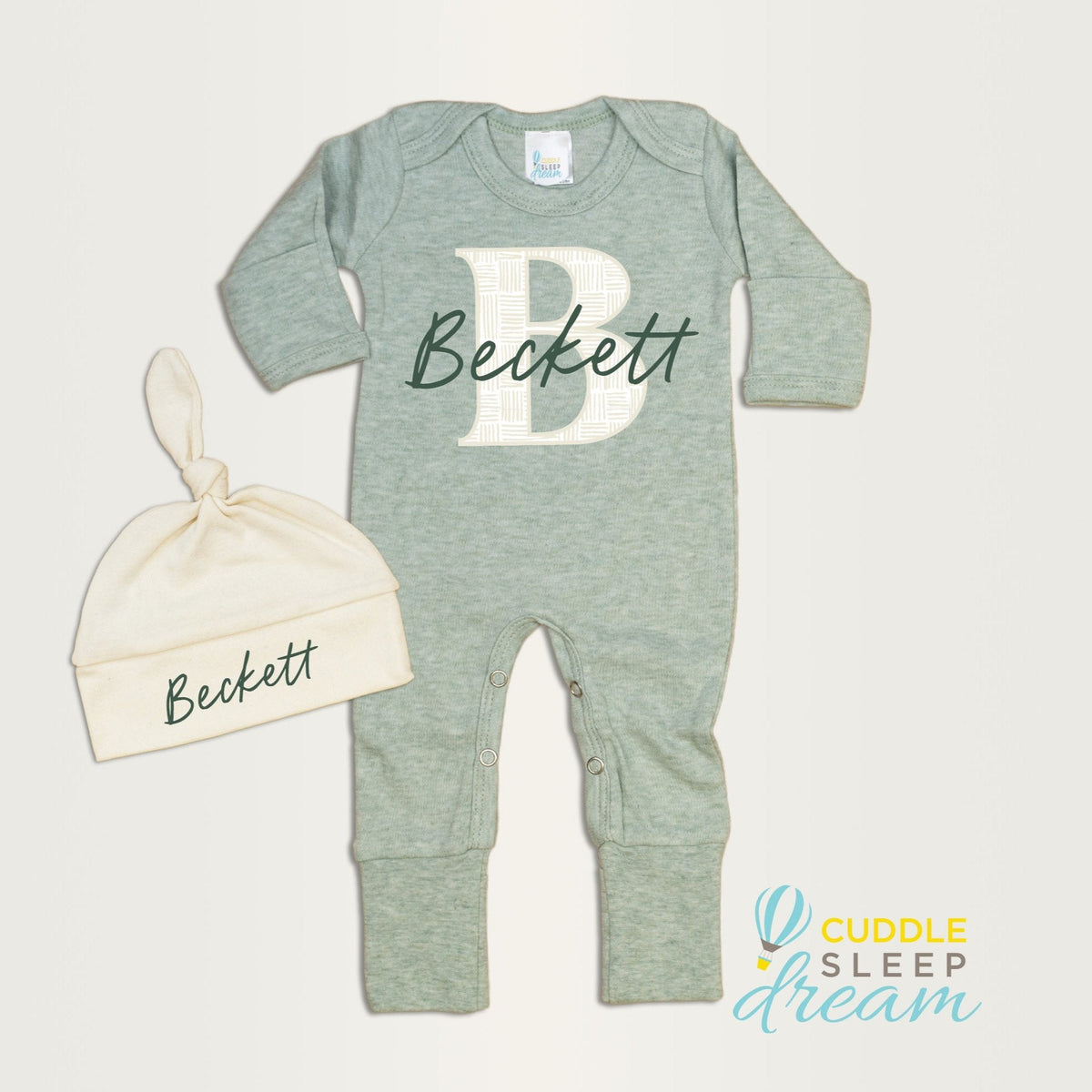 Cuddle Sleep Dream Bundles Weave Initial Romper &amp; Hat | Sage