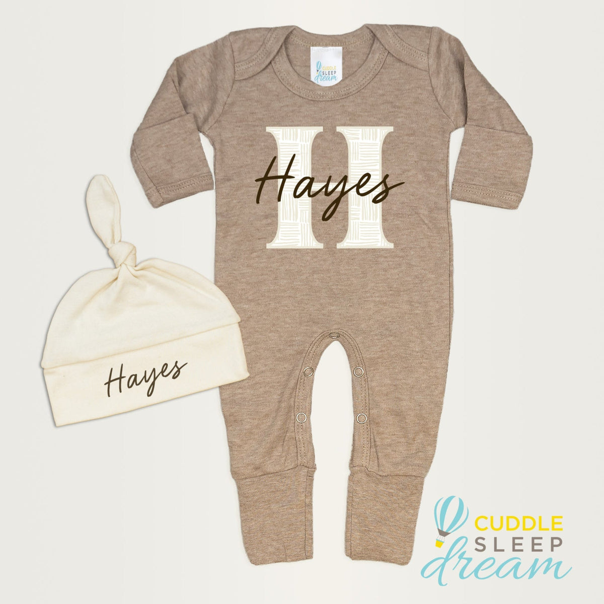 Cuddle Sleep Dream Bundles Weave Initial Romper &amp; Hat | Truffle