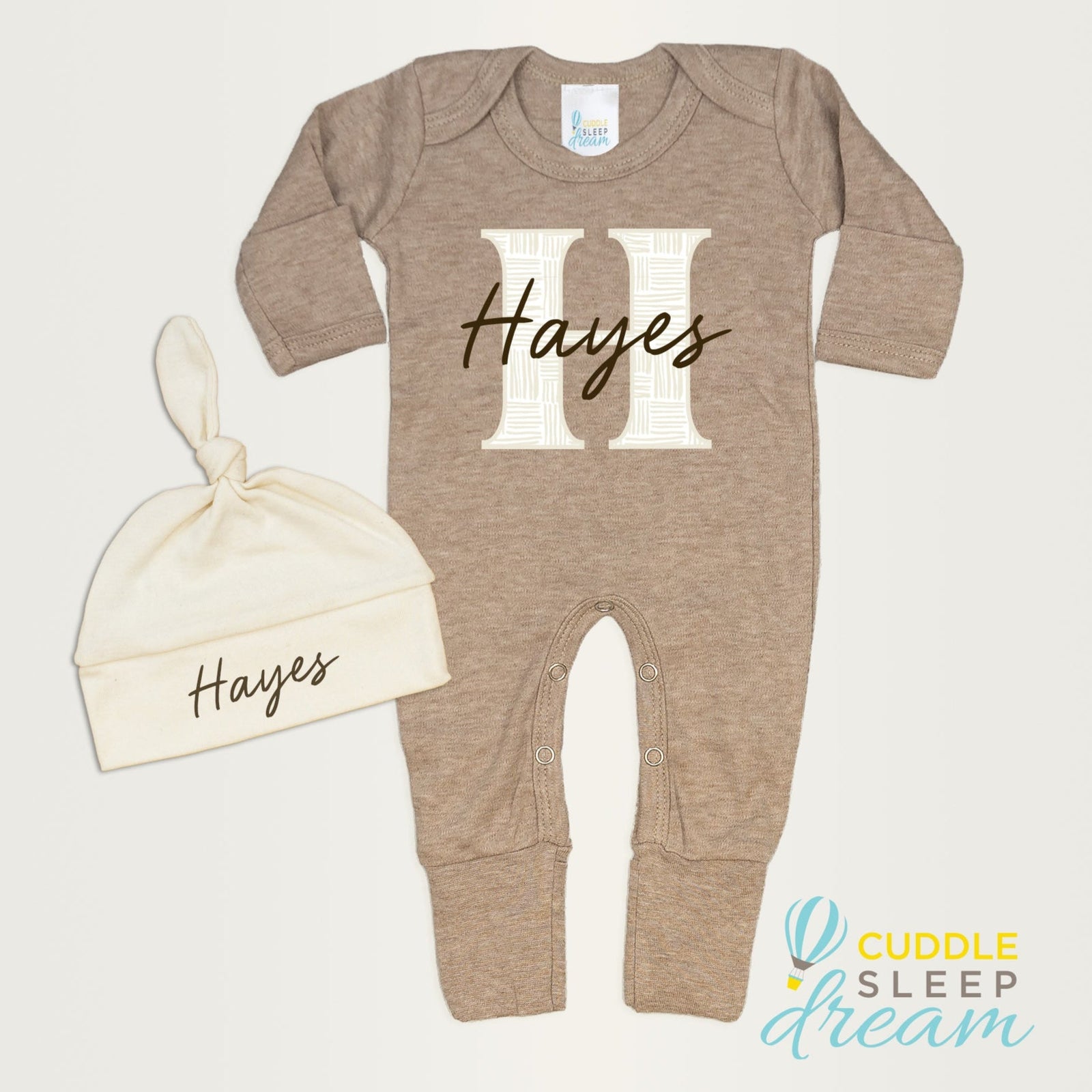 Cuddle Sleep Dream Bundles Weave Initial Romper & Hat | Truffle