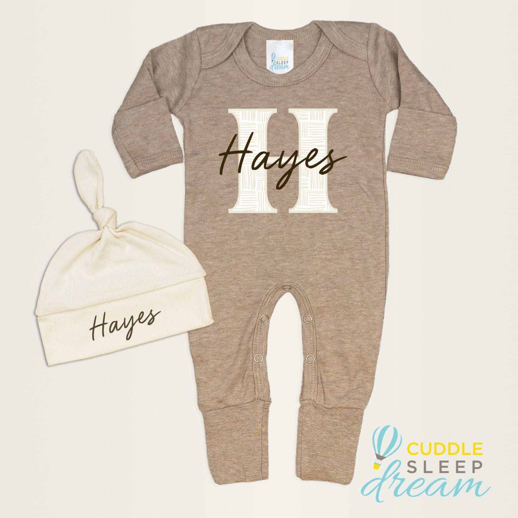 Cuddle Sleep Dream Bundles Weave Initial Romper & Hat | Truffle