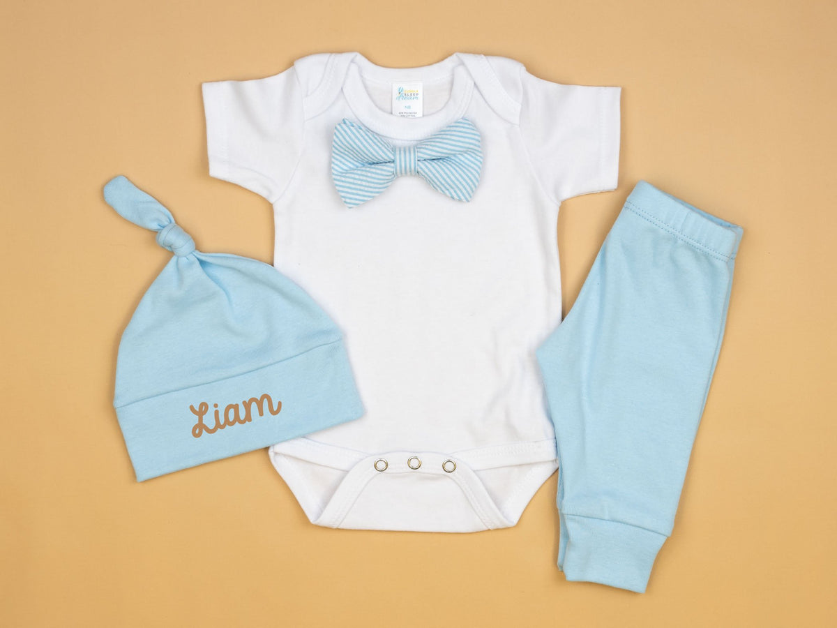 Cuddle Sleep Dream Bowtie Bodysuit Blue Seersucker Bowtie Bodysuit