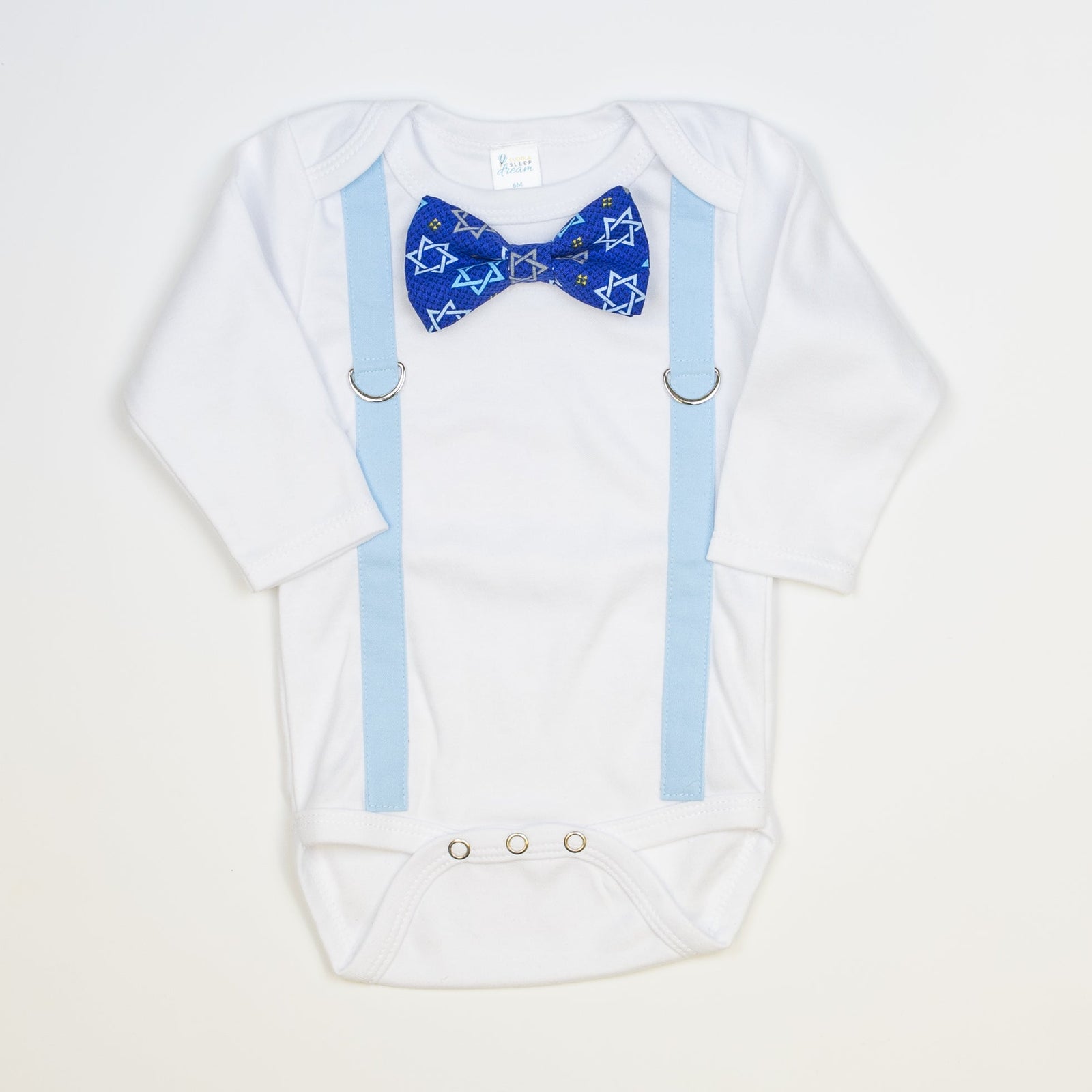 Cuddle Sleep Dream Bowtie Bodysuit Blue Suspenders | Hannukah Stars on Blue Bowtie Bodysuit
