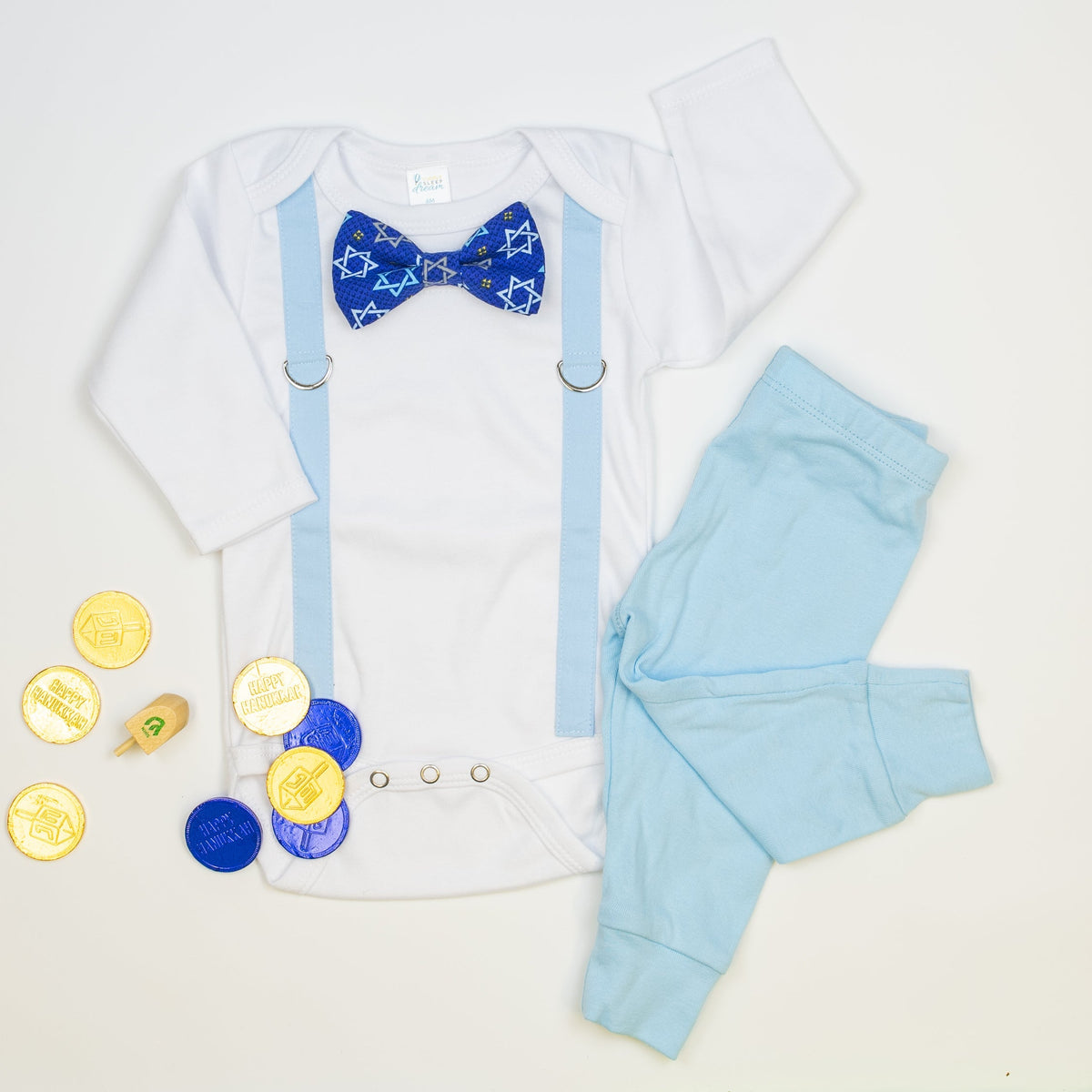 Cuddle Sleep Dream Bowtie Bodysuit Blue Suspenders | Hannukah Stars on Blue Bowtie Bodysuit