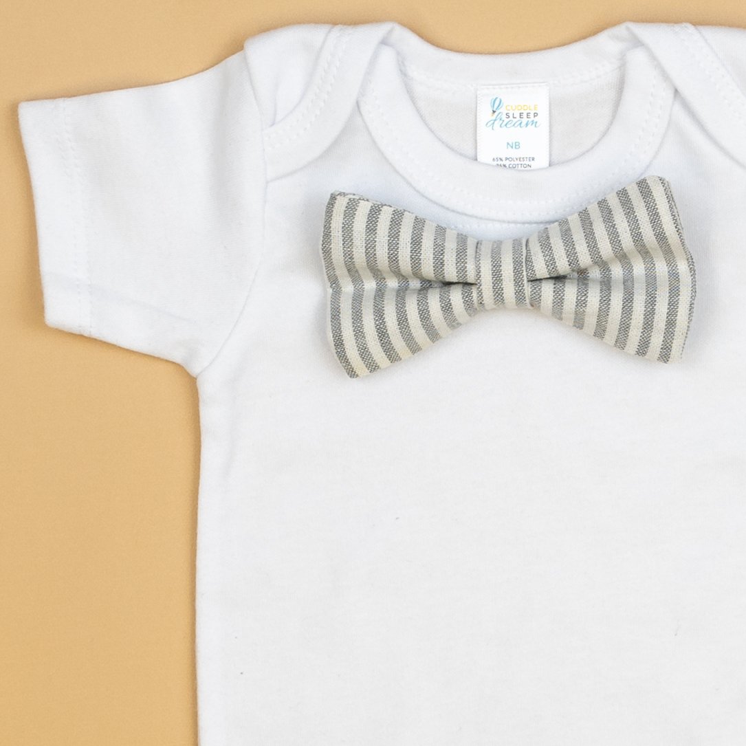 Cuddle Sleep Dream Oh Snap Gray Vertical Stripe Bowtie Bodysuit