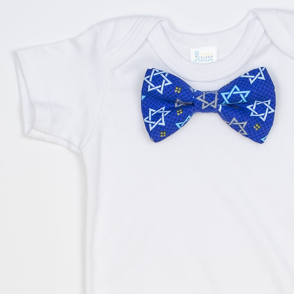 Cuddle Sleep Dream Bowtie Bodysuit Hanukkah Stars on Blue Bowtie Bodysuit