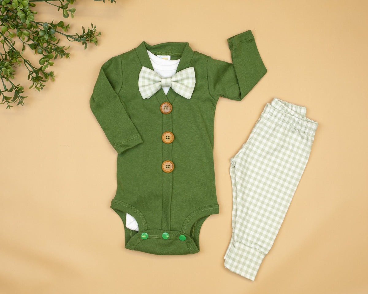 Cuddle Sleep Dream Bowtie Bodysuit Sage Green Check Bowtie Bodysuit