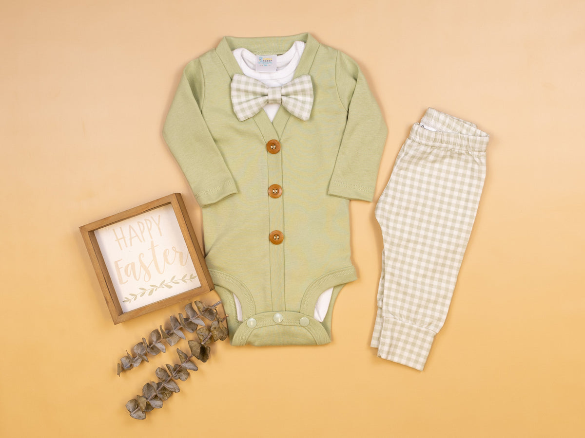 Cuddle Sleep Dream Bowtie Bodysuit Sage Green Check Bowtie Bodysuit