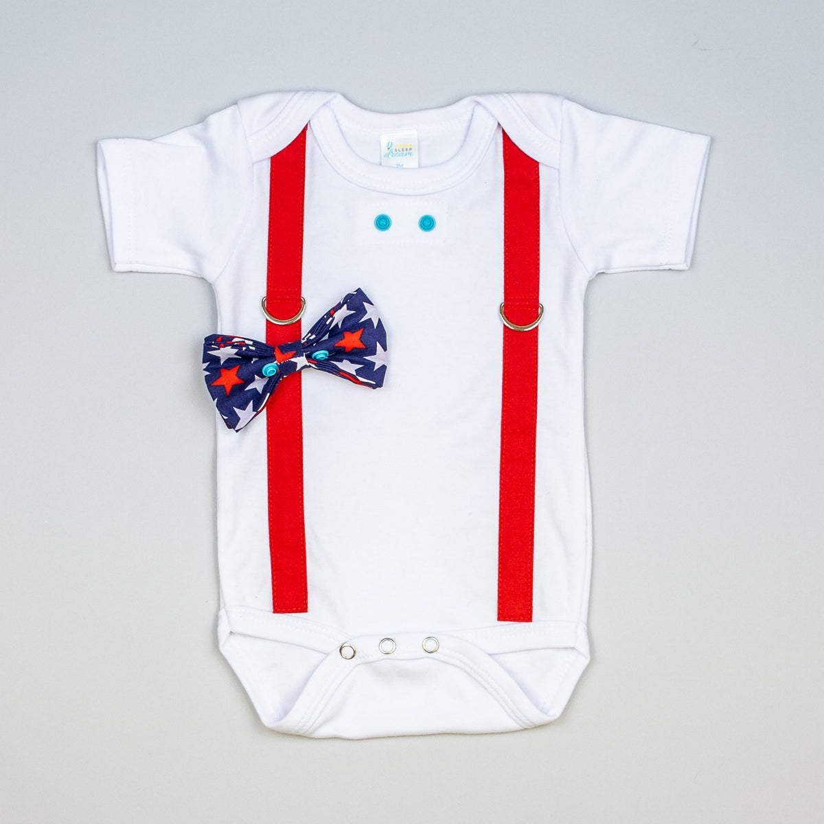 Cuddle Sleep Dream Oh Snap Red Suspenders &amp; Patriotic Stars Bowtie Bodysuit/Tshirt