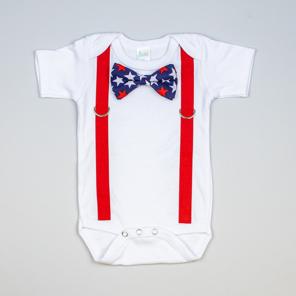 Cuddle Sleep Dream Oh Snap Red Suspenders &amp; Patriotic Stars Bowtie Bodysuit/Tshirt