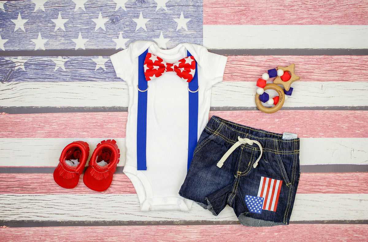 Royal Blue Suspenders | Red Stars Bow Tie