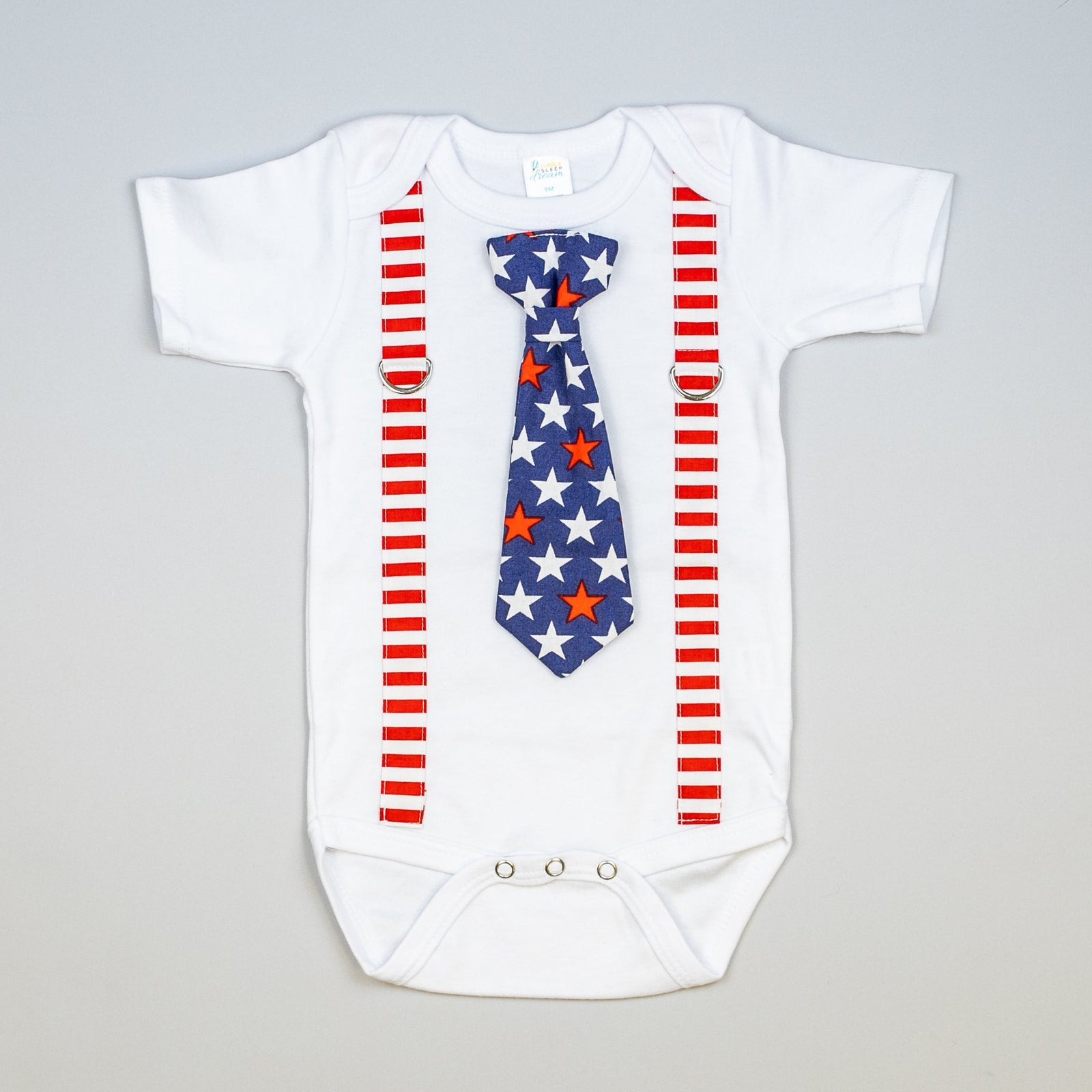Cuddle Sleep Dream Oh Snap Red&White Stripe Suspenders + Patriotic Stars Necktie Bodysuit/Tshirt
