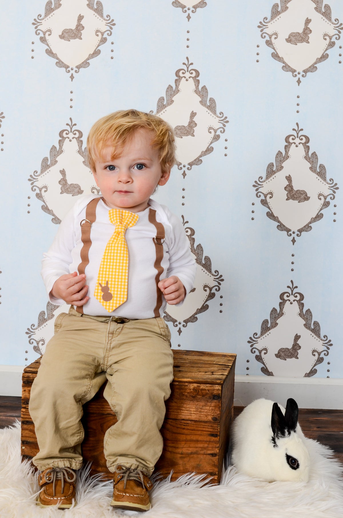 Cuddle Sleep Dream Oh Snap Mocha Suspenders | Yellow Gingham Bunny Tie