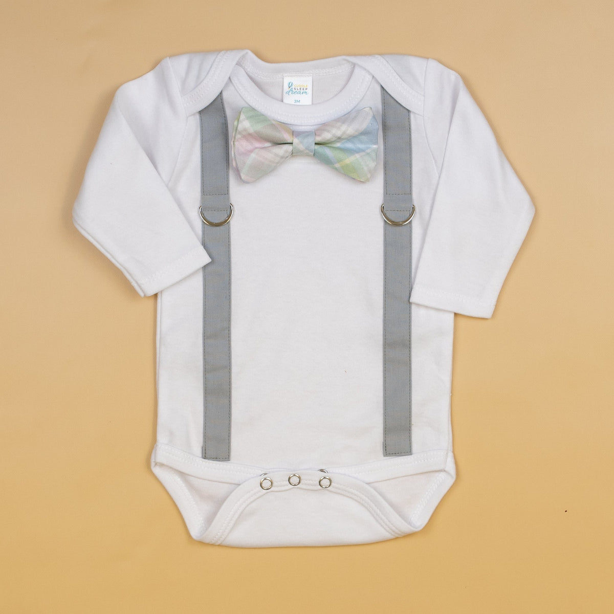 Cuddle Sleep Dream Oh Snap Light Gray Suspenders | Spring Plaid Bowtie