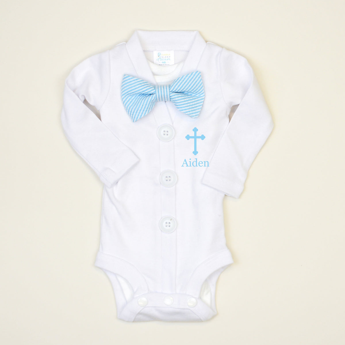 Cuddle Sleep Dream Cardigan Personalized Baptism Cardigan | Blue Tie &amp; Blue Writing