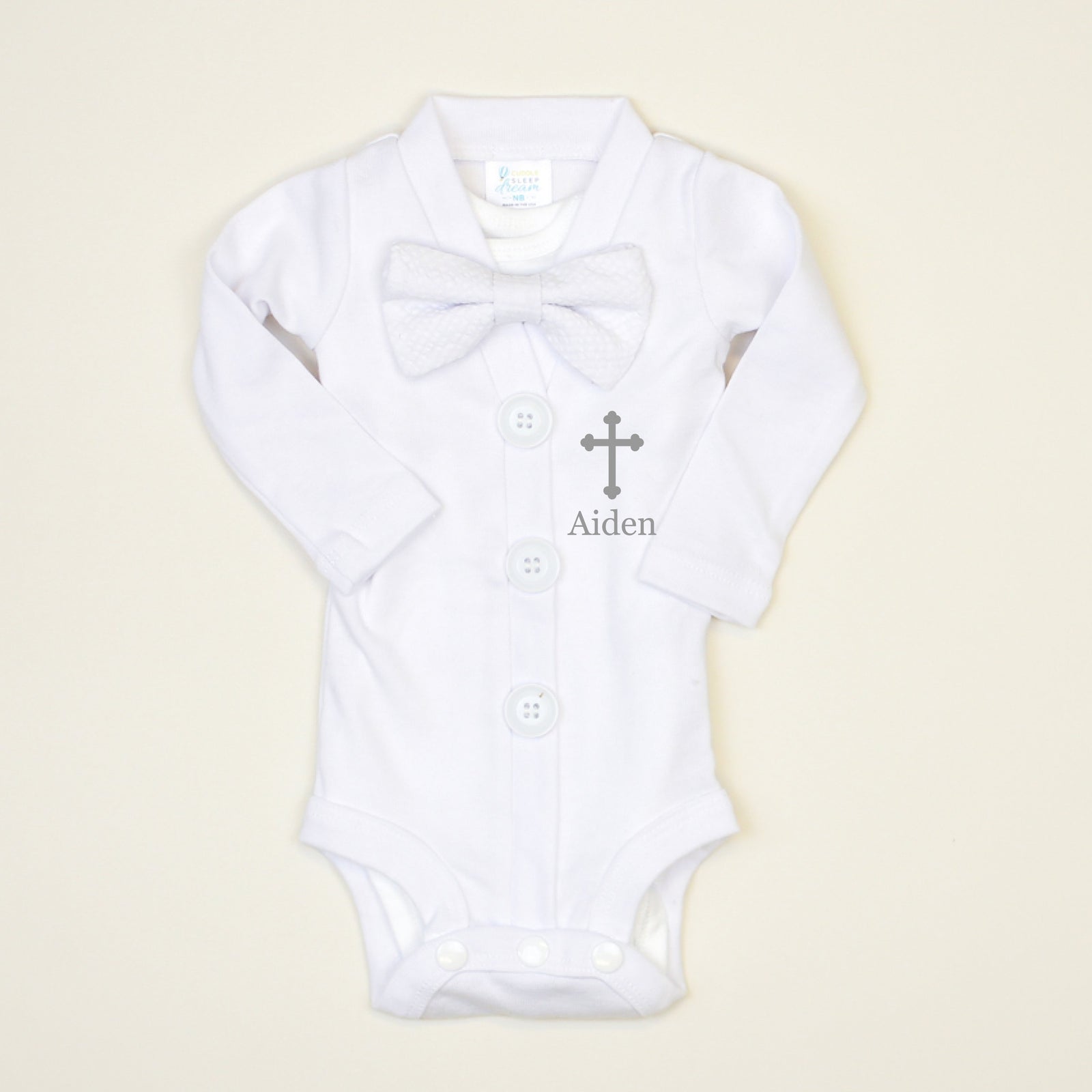 Cuddle Sleep Dream Cardigan Personalized Baptism Cardigan | White Tie & Gray Writing