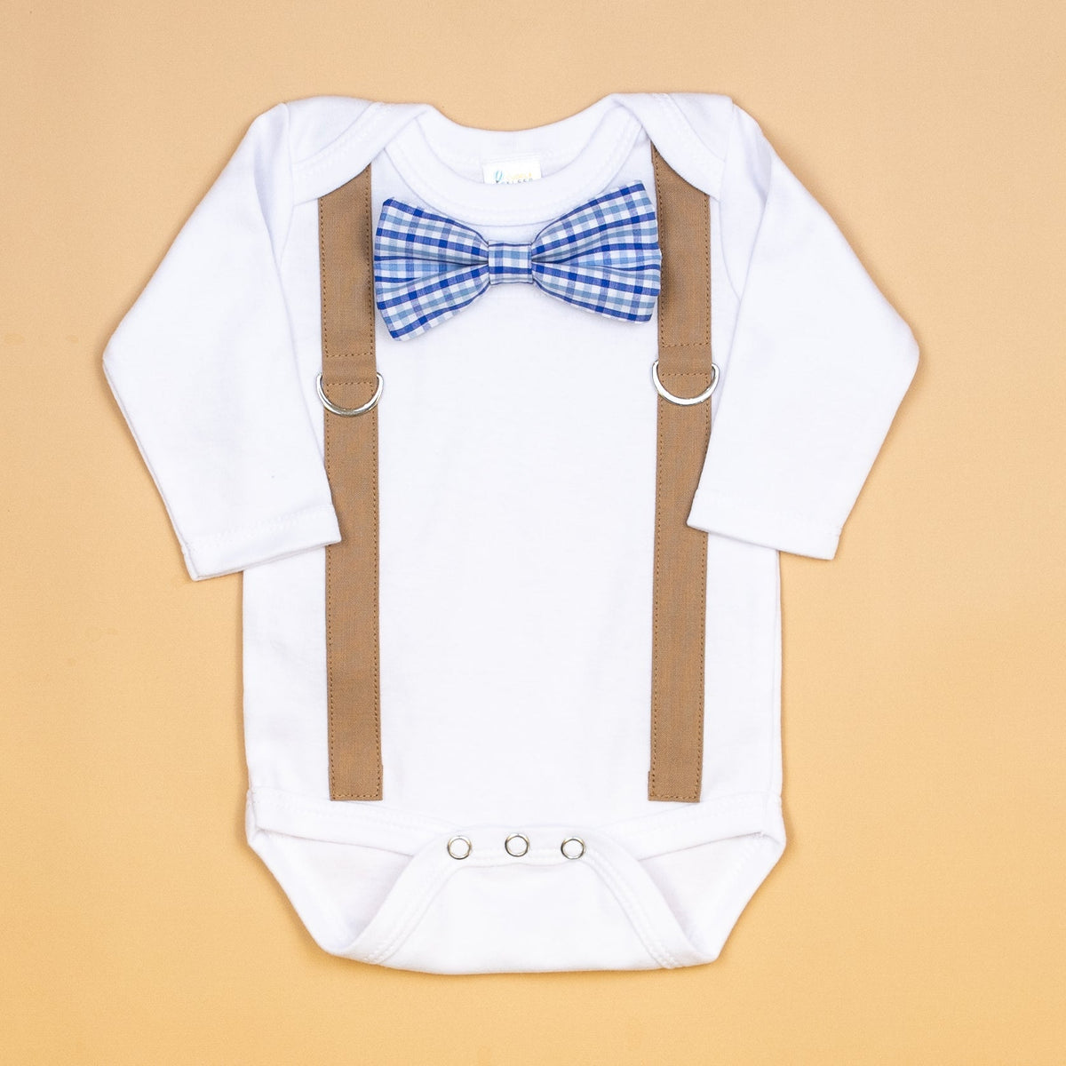 Cuddle Sleep Dream Oh Snap NB Long Sleeve Bodysuit Mocha Brown Suspender / Blue Check Bowtie