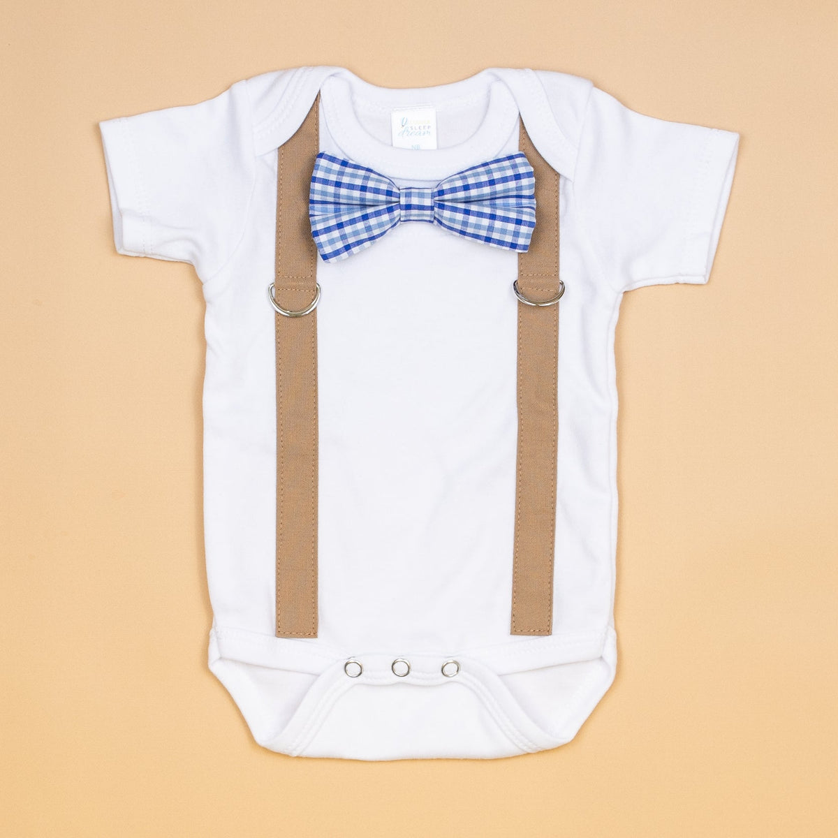 Cuddle Sleep Dream Oh Snap NB Short Sleeve Bodysuit Mocha Brown Suspender / Blue Check Bowtie