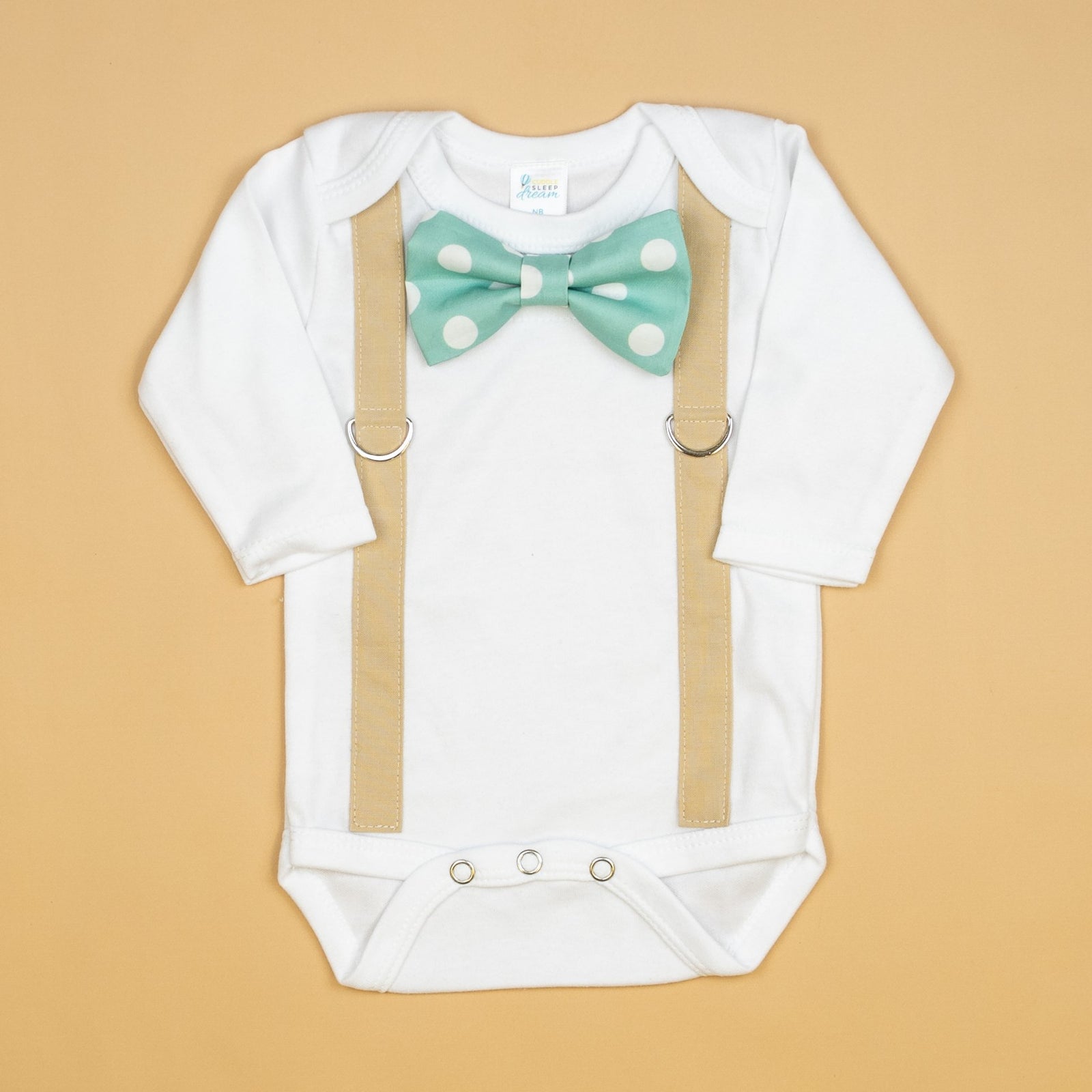 Cuddle Sleep Dream Oh Snap NB Long Sleeve Bodysuit Tan Suspender | Muted Teal Dot Bowtie