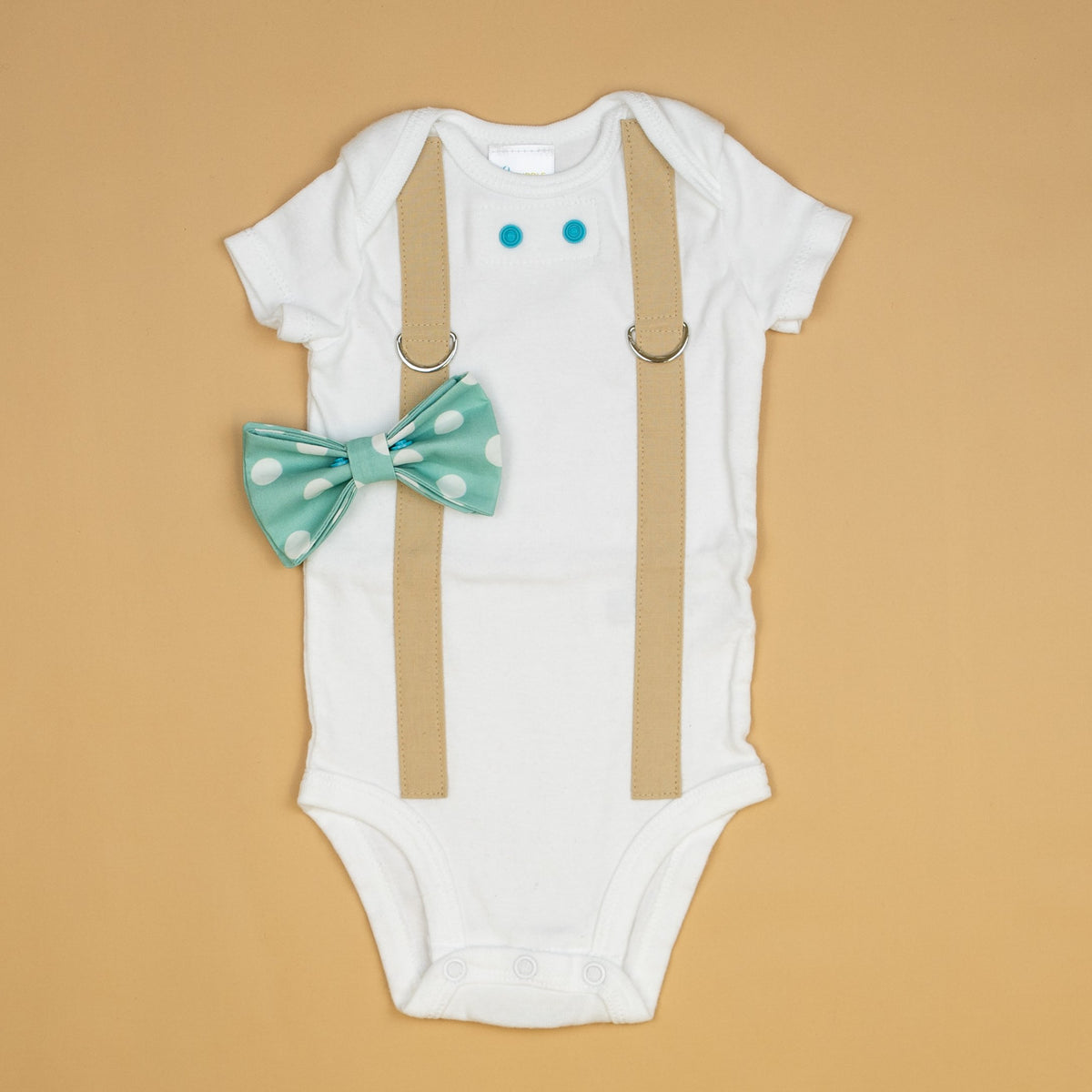 Cuddle Sleep Dream Oh Snap Tan Suspender | Muted Teal Dot Bowtie