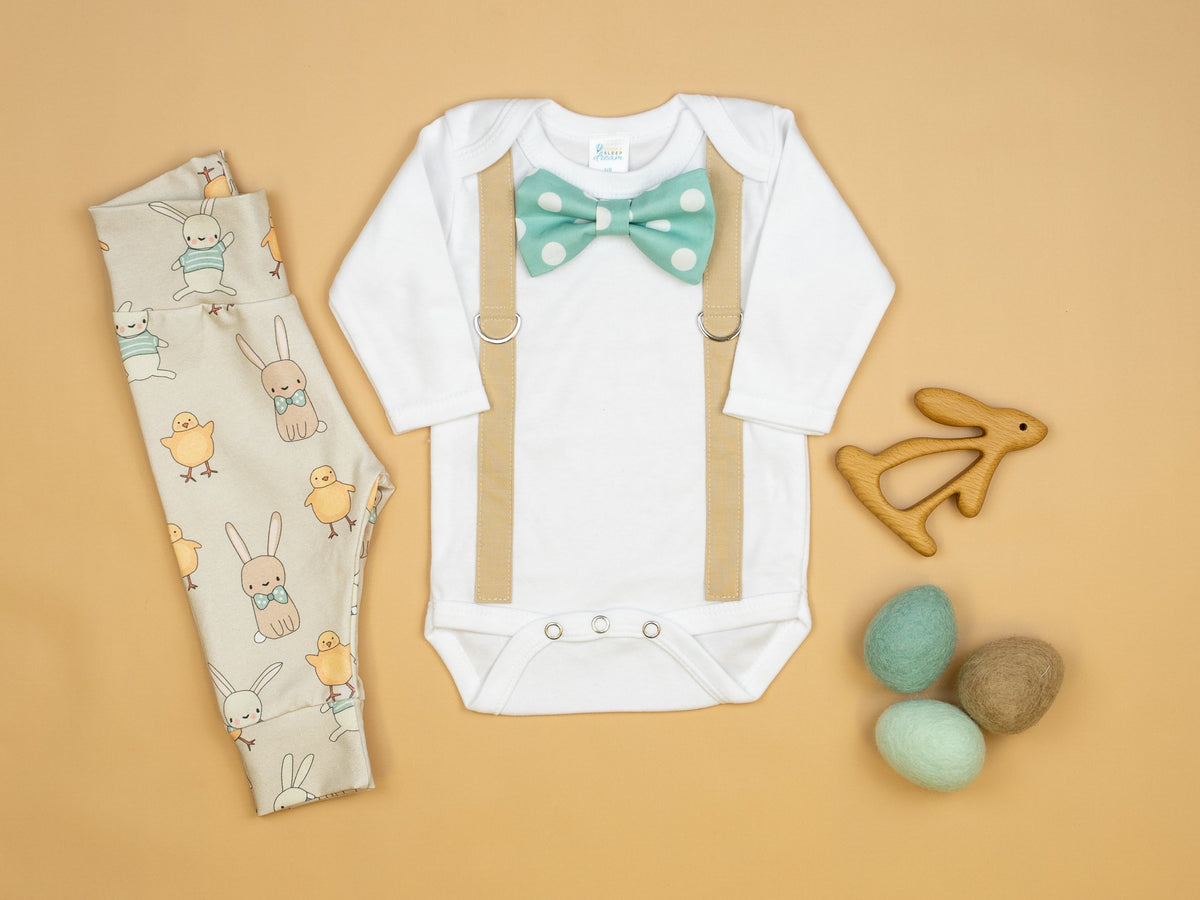 Cuddle Sleep Dream Oh Snap Tan Suspender | Muted Teal Dot Bowtie