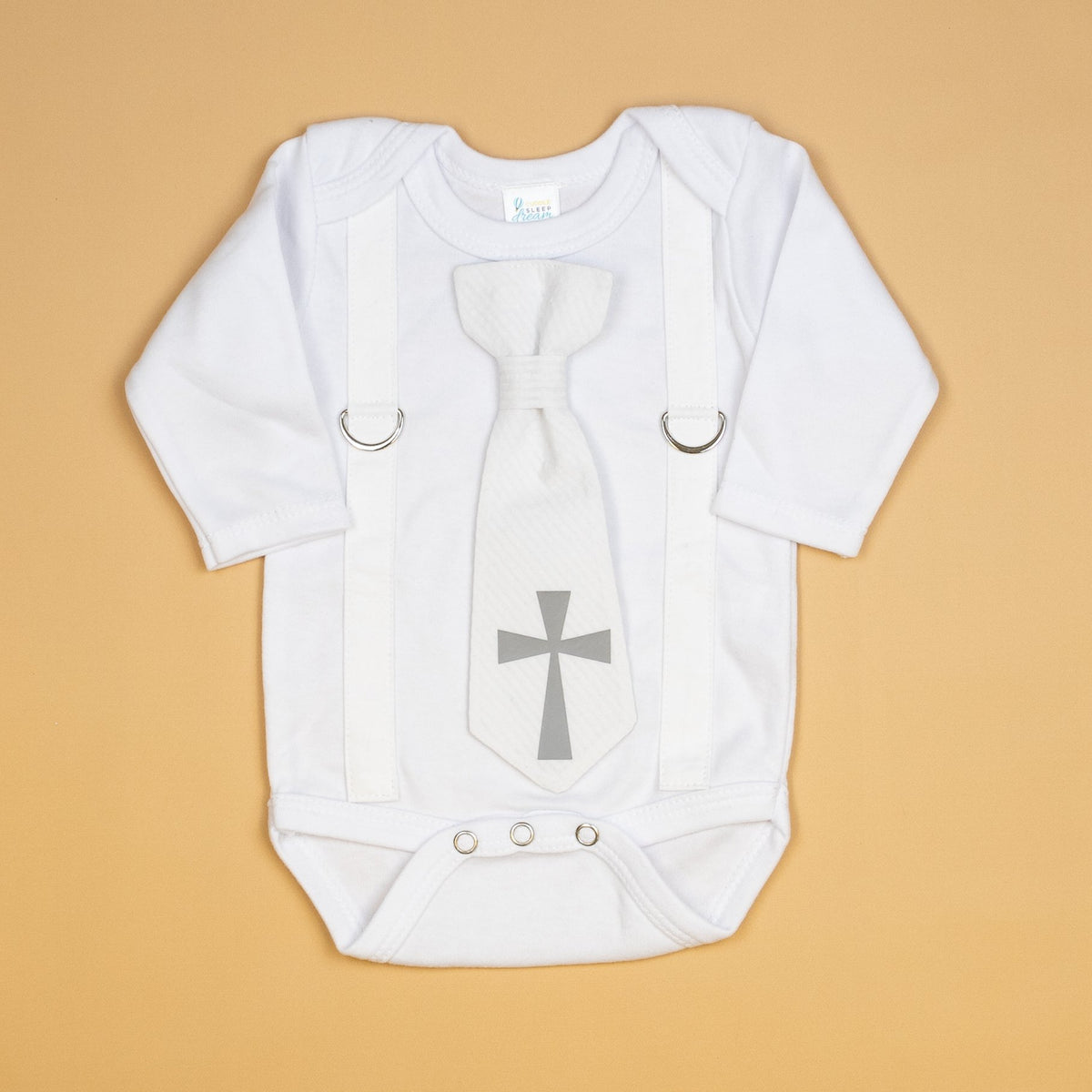 Cuddle Sleep Dream Oh Snap White Suspender and Tie Baptism Onesie