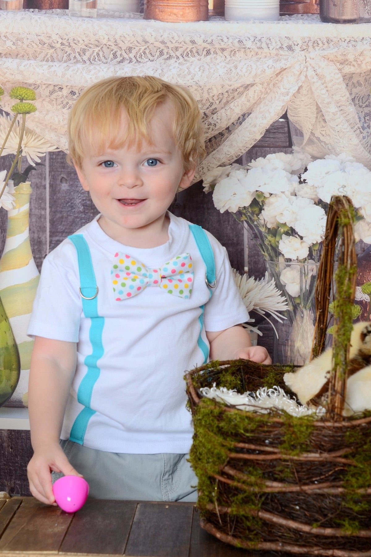 Cuddle Sleep Dream Oh Snap Aqua Suspender | Easter Dot Bowtie