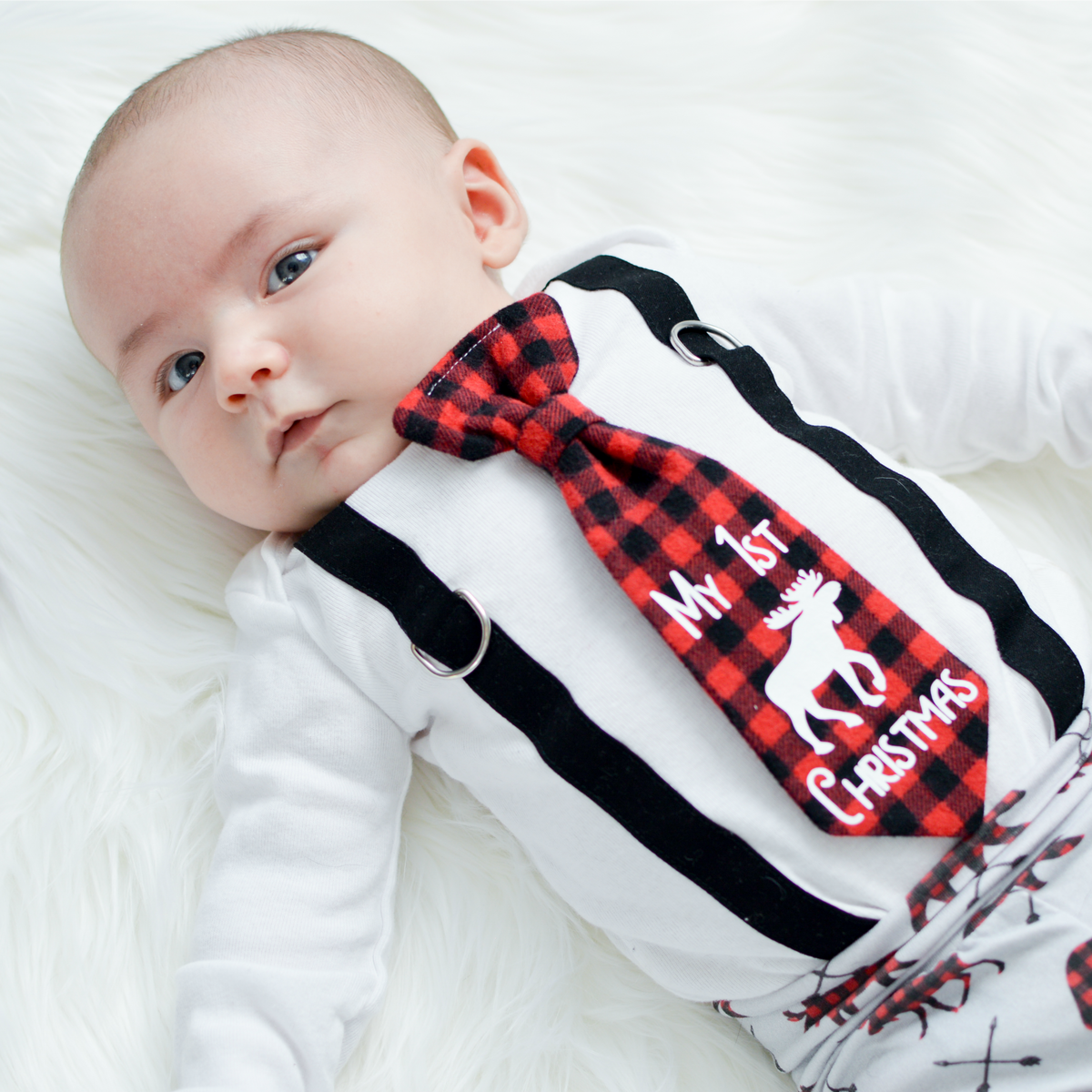 Black Suspender / Buffalo Plaid &quot;My 1st Christmas&quot; Tie