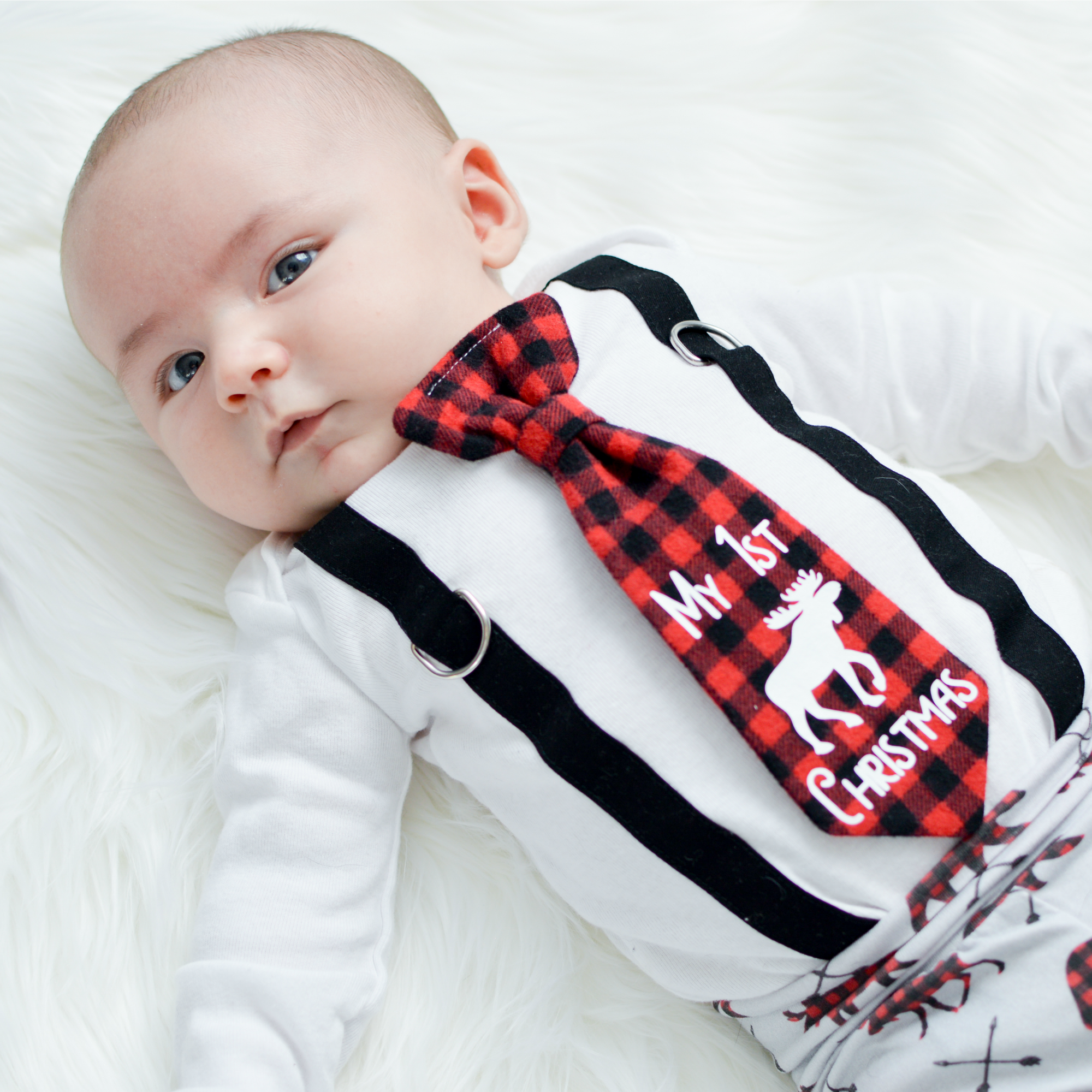 Cuddle Sleep Dream Oh Snap Black Suspender / Buffalo Plaid "My 1st Christmas" Tie