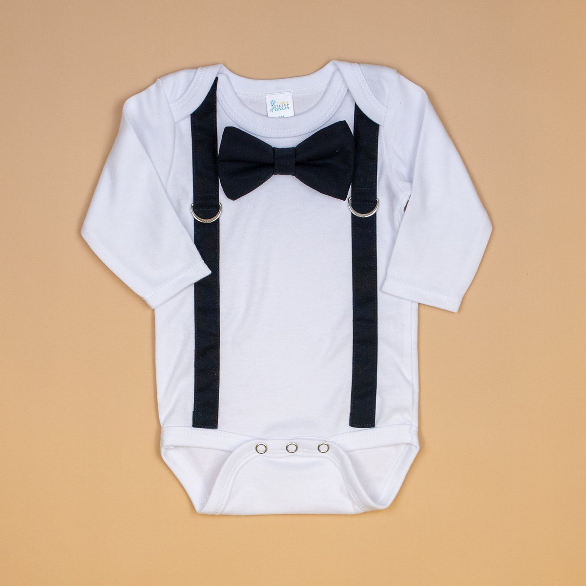 Cuddle Sleep Dream Oh Snap NB Long Sleeve Bodysuit Black Suspenders / Solid Black bowtie (Baby Tuxedo)