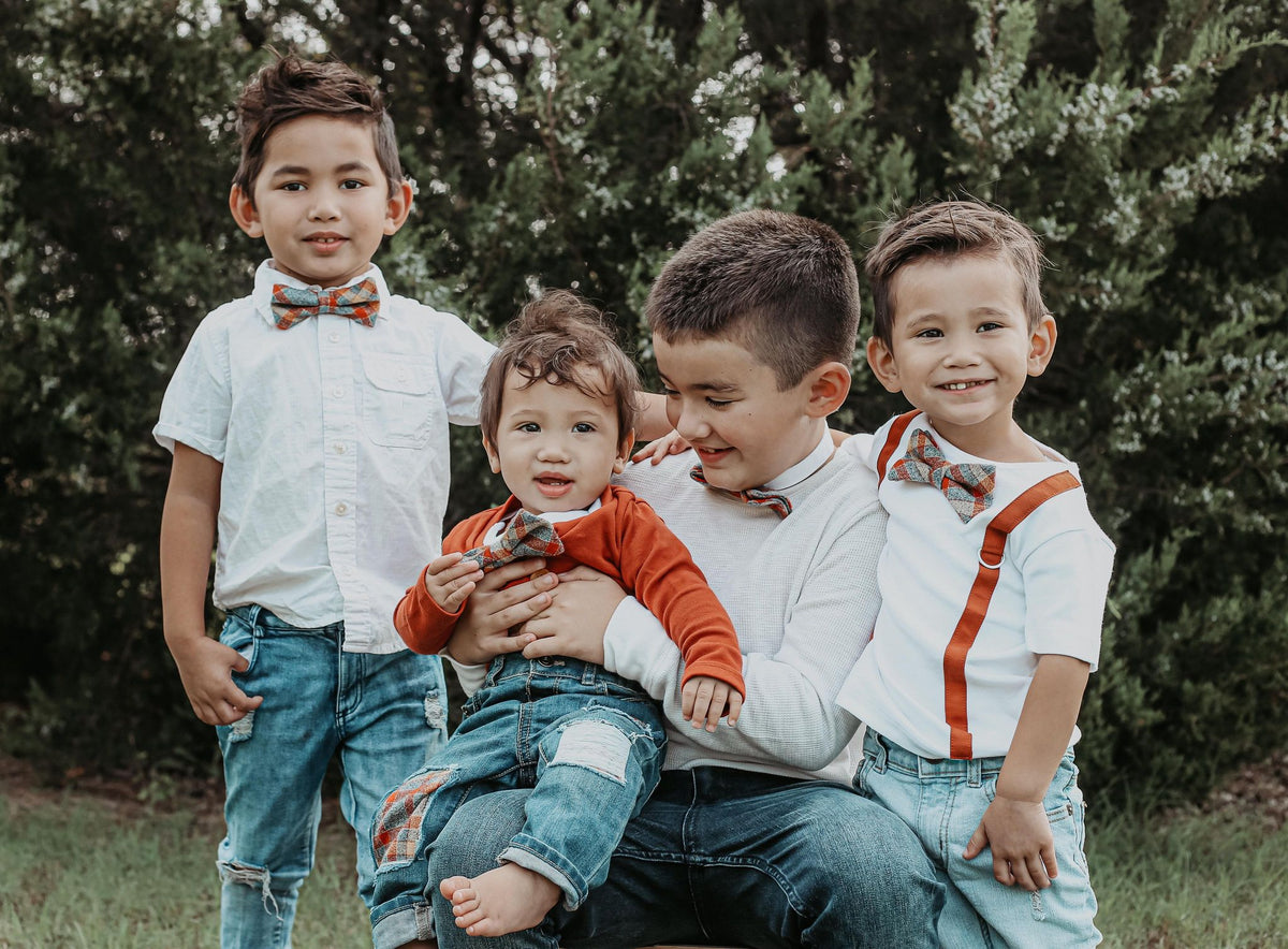 Cuddle Sleep Dream Oh Snap Burnt Orange Suspender | Orange &amp; Cream Plaid Bow Tie
