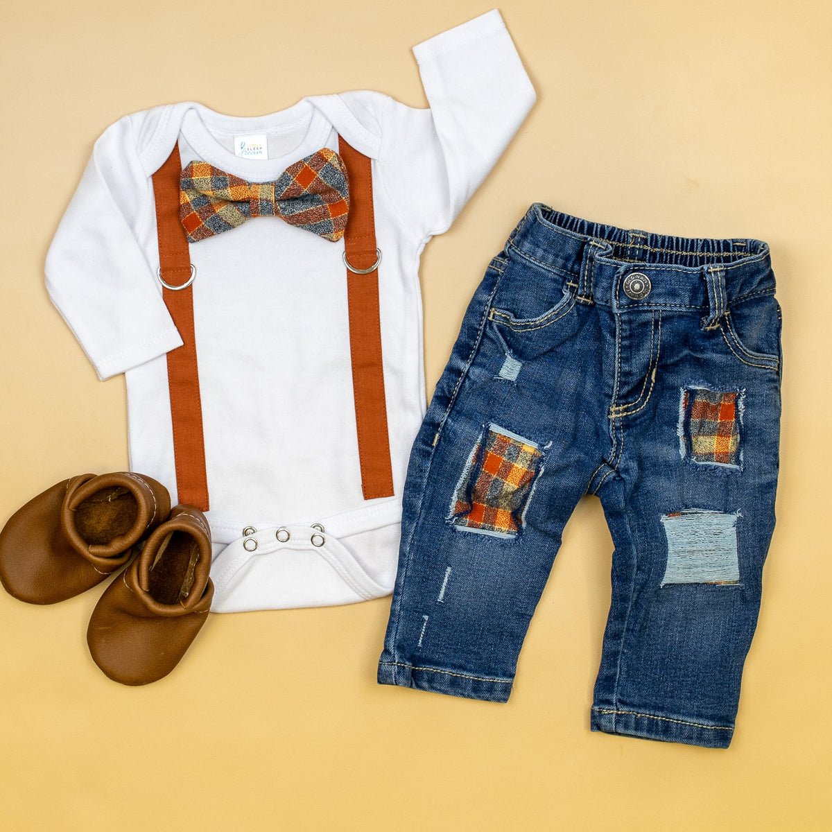 Cuddle Sleep Dream Oh Snap Burnt Orange Suspender | Orange &amp; Cream Plaid Bow Tie