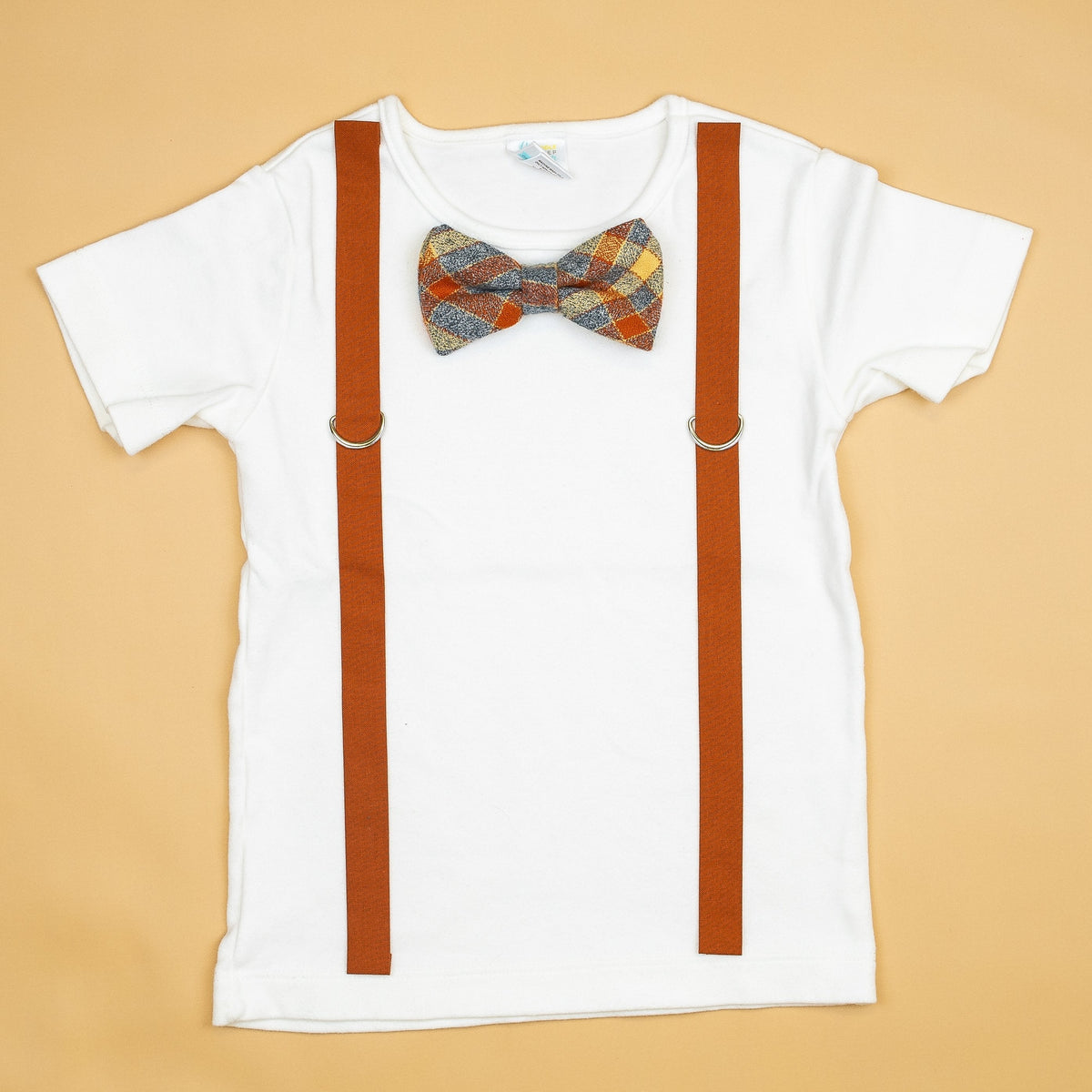 Cuddle Sleep Dream Oh Snap Burnt Orange Suspender | Orange &amp; Cream Plaid Bow Tie Tshirt