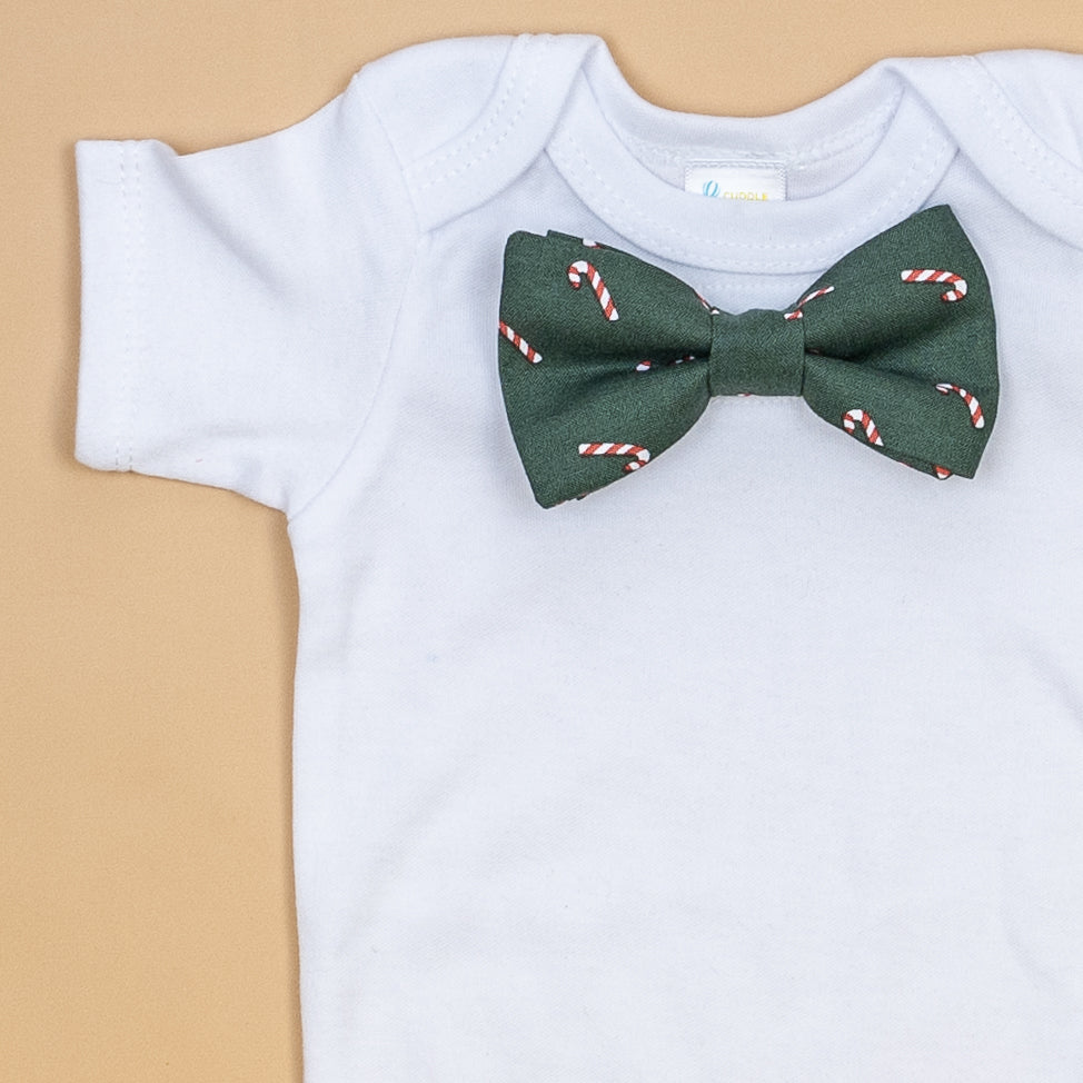 Cuddle Sleep Dream Bowtie Bodysuit Candy Canes on Dark Green Bowtie Bodysuit