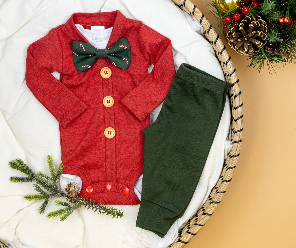 Cuddle Sleep Dream Bowtie Bodysuit Candy Canes on Dark Green Bowtie Bodysuit