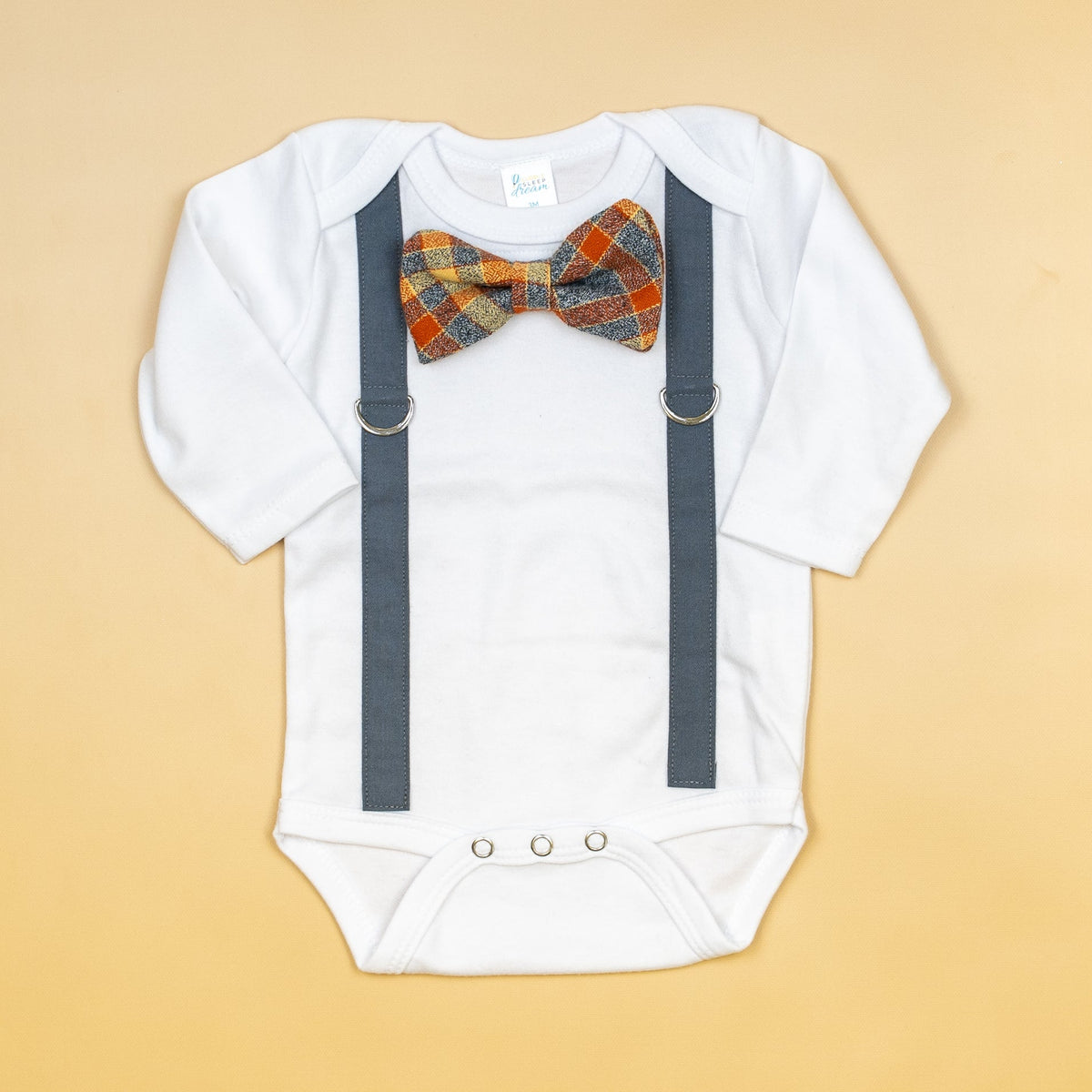 Cuddle Sleep Dream Oh Snap Dark Gray Suspender | Orange &amp; Cream Plaid Bowtie