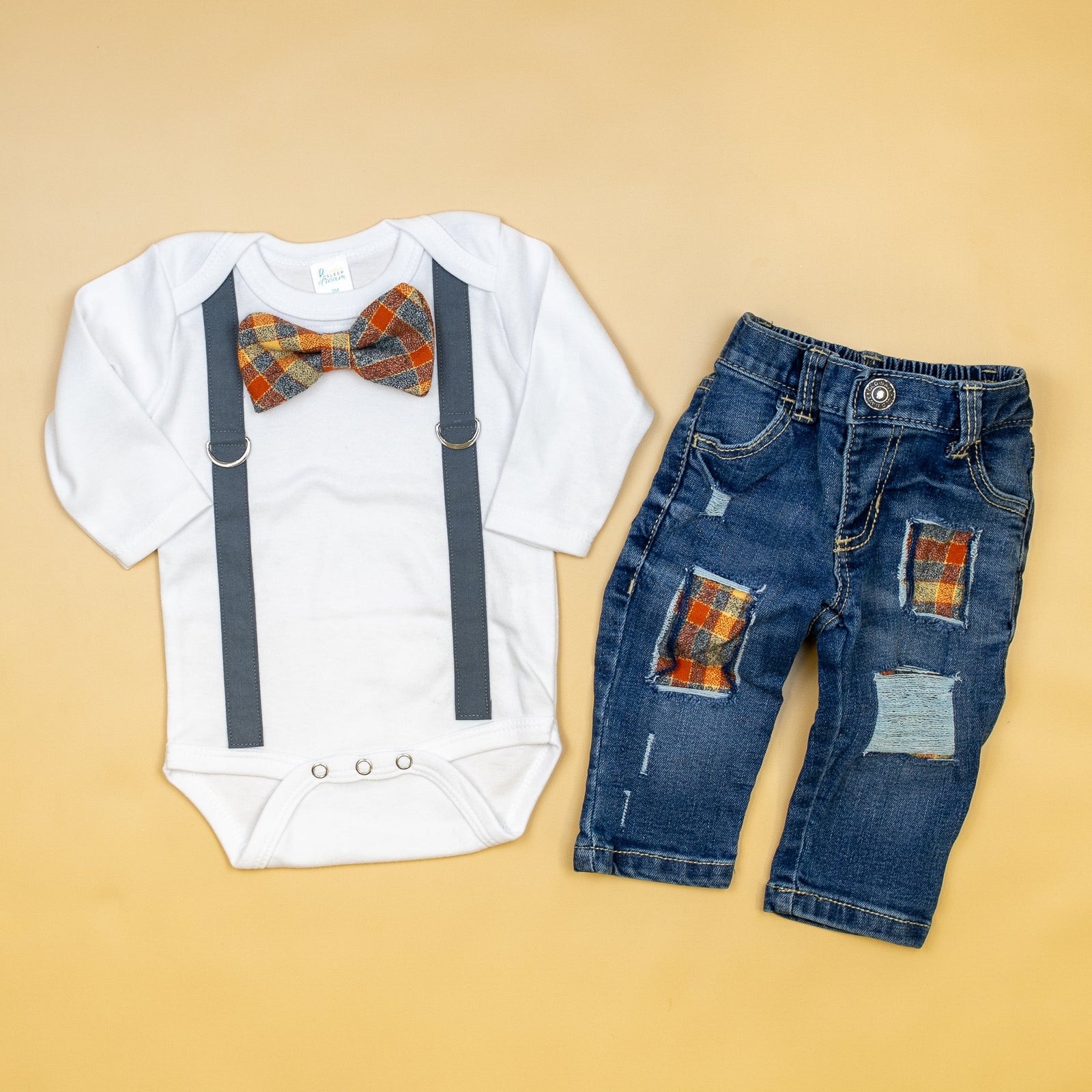 Cuddle Sleep Dream Oh Snap Dark Gray Suspender | Orange & Cream Plaid Bowtie