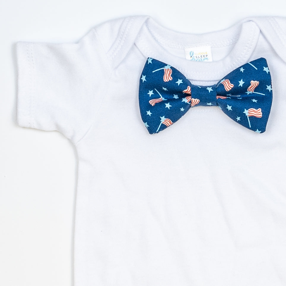 Cuddle Sleep Dream Bowtie Bodysuit Flags on Blue Bowtie Bodysuit