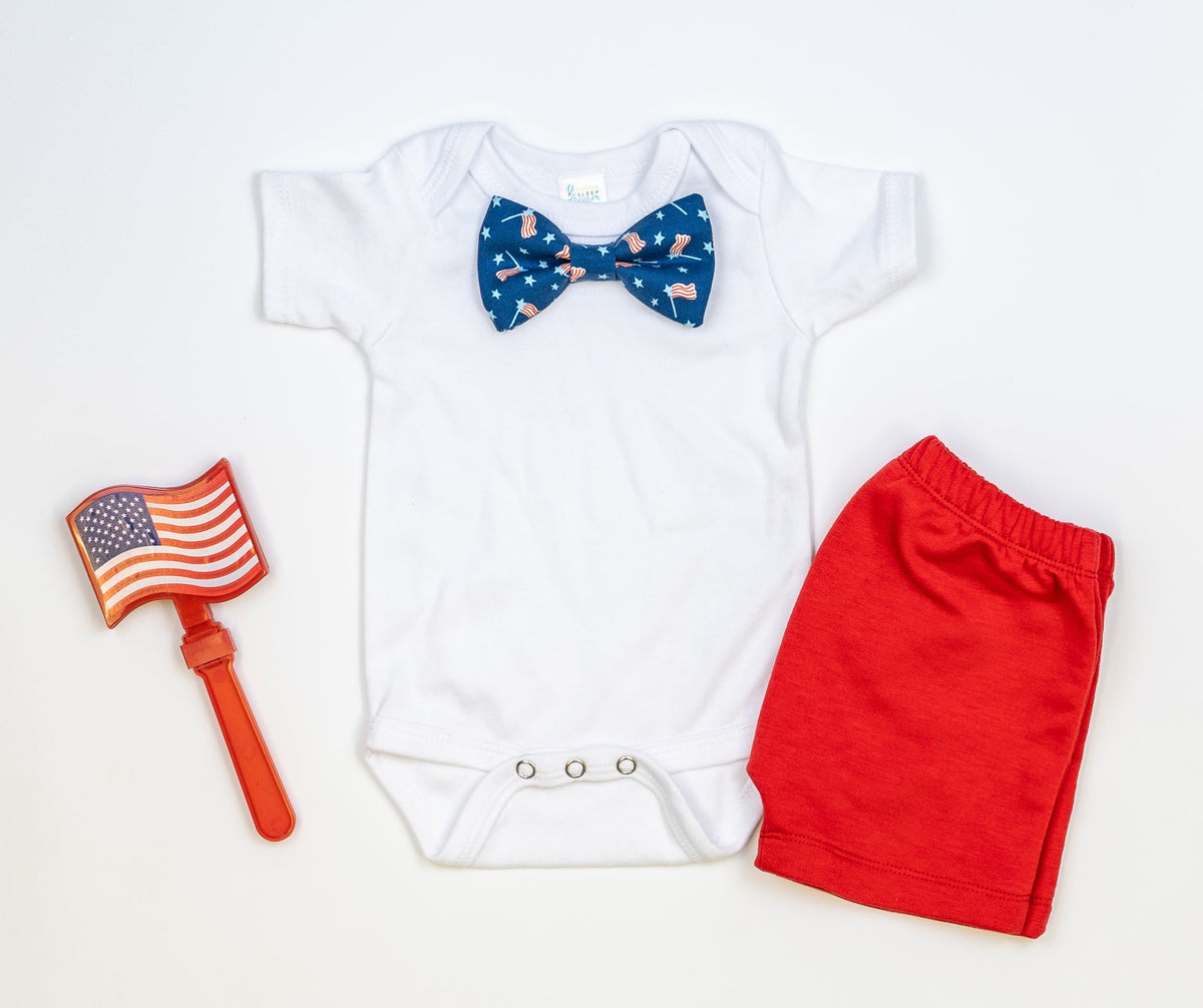 Cuddle Sleep Dream Bowtie Bodysuit Flags on Blue Bowtie Bodysuit