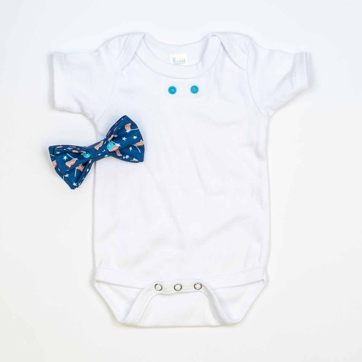Cuddle Sleep Dream Bowtie Bodysuit Flags on Blue Bowtie Bodysuit