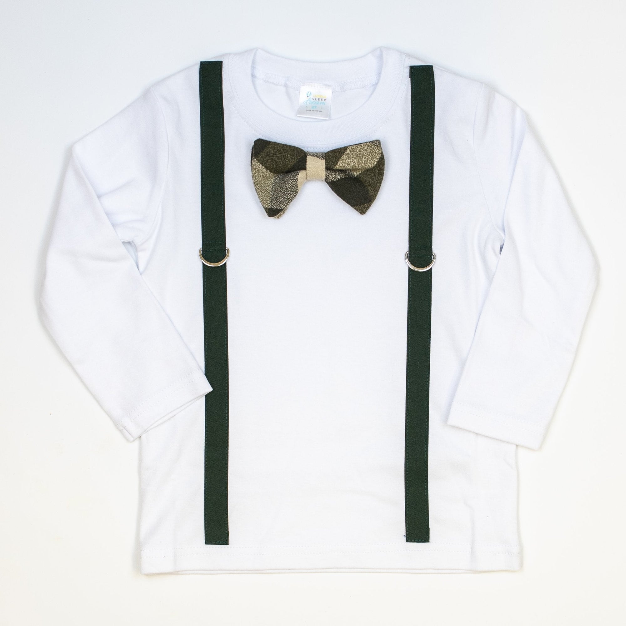 Cuddle Sleep Dream Oh Snap 2t Long Sleeve Tshirt Forest Suspender | Olive & Brown Plaid Bow Tie | Tshirt