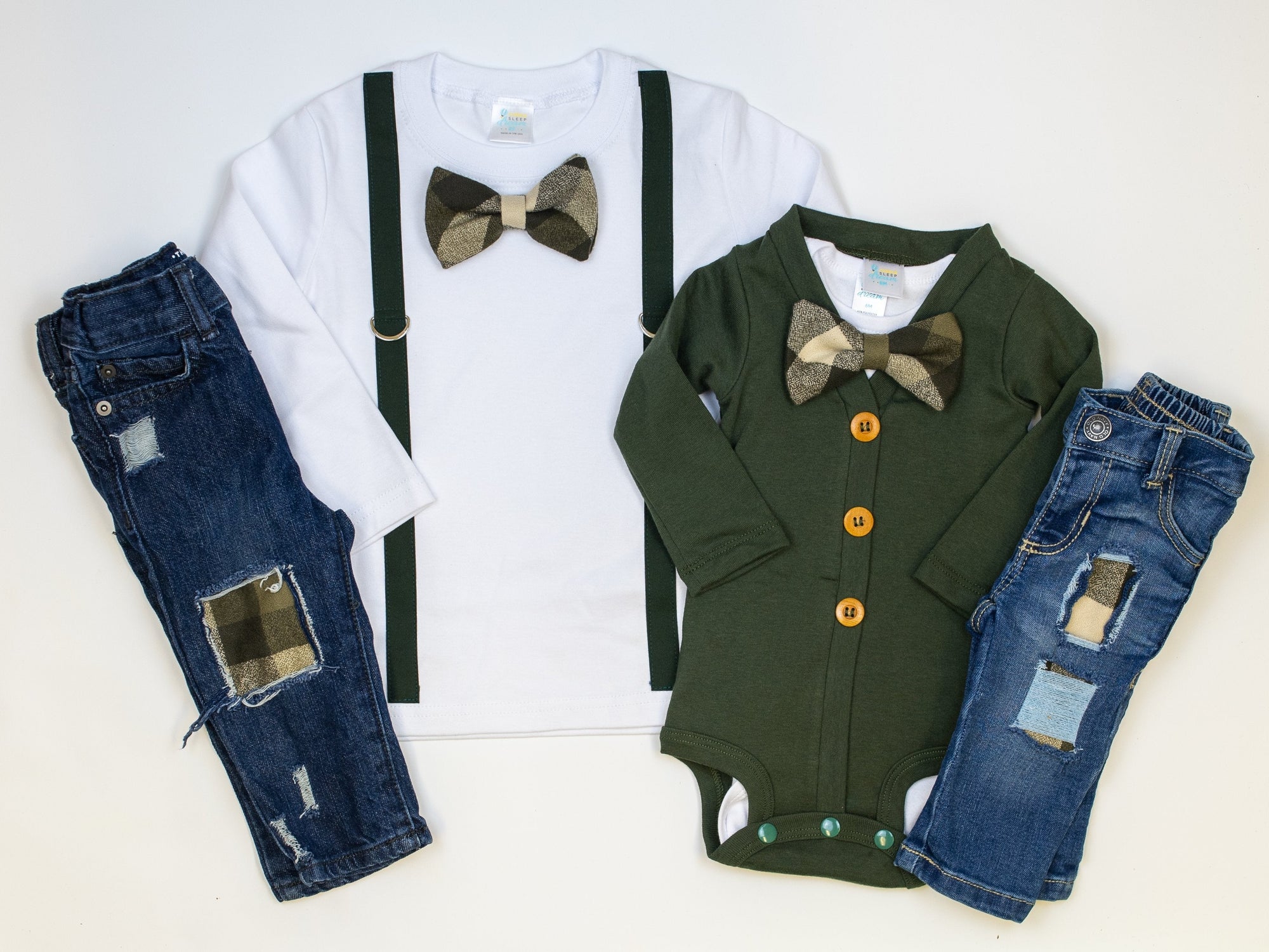 Cuddle Sleep Dream Oh Snap 2t Long Sleeve Tshirt Forest Suspender | Olive & Brown Plaid Bow Tie | Tshirt