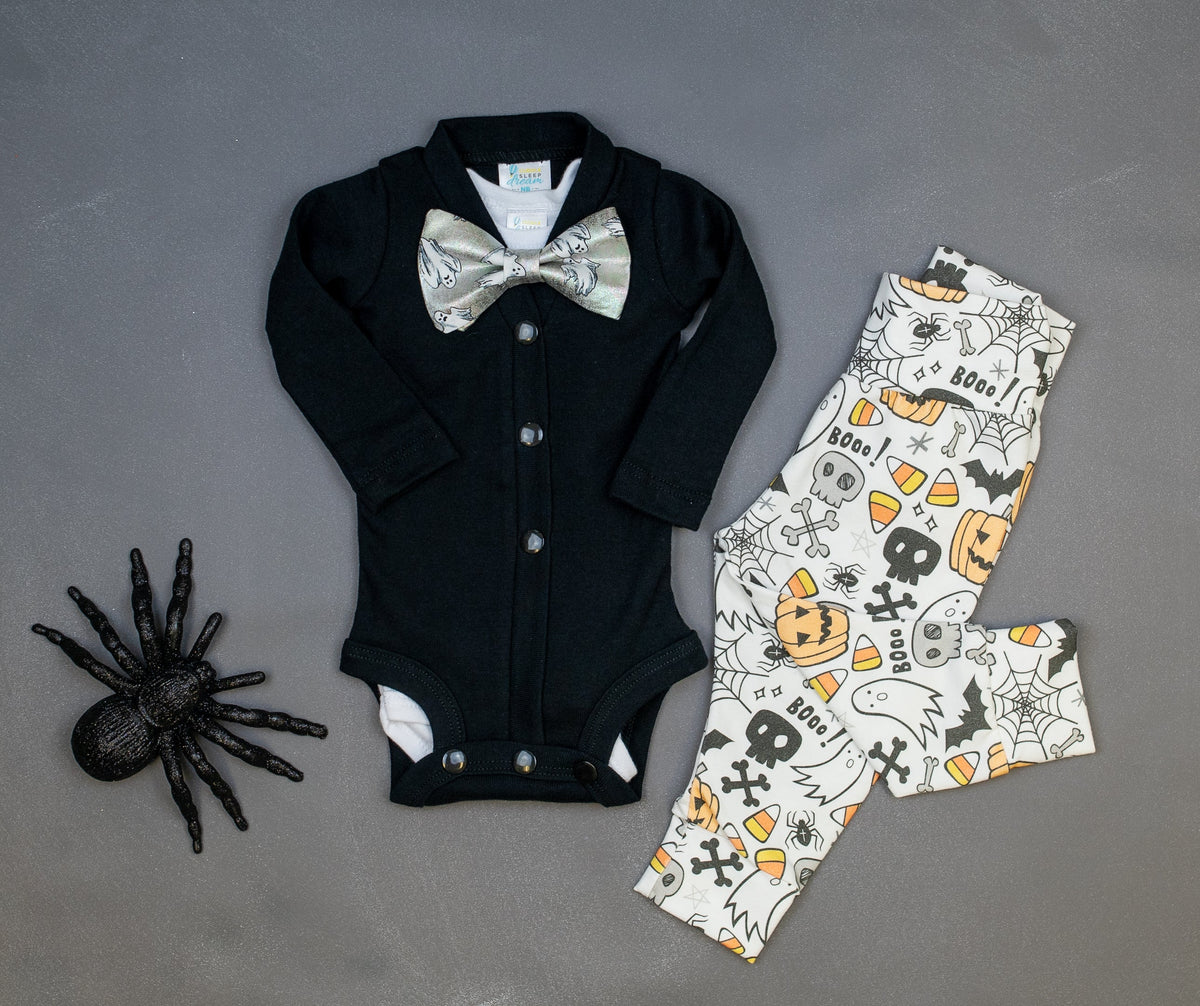 Cuddle Sleep Dream Bowtie Bodysuit Ghosts on Silver Bowtie Bodysuit