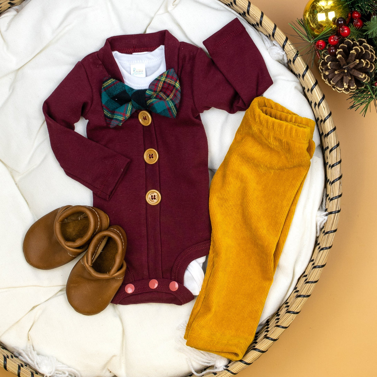 Cuddle Sleep Dream Bowtie Bodysuit Green Flannel Plaid Bowtie Bodysuit