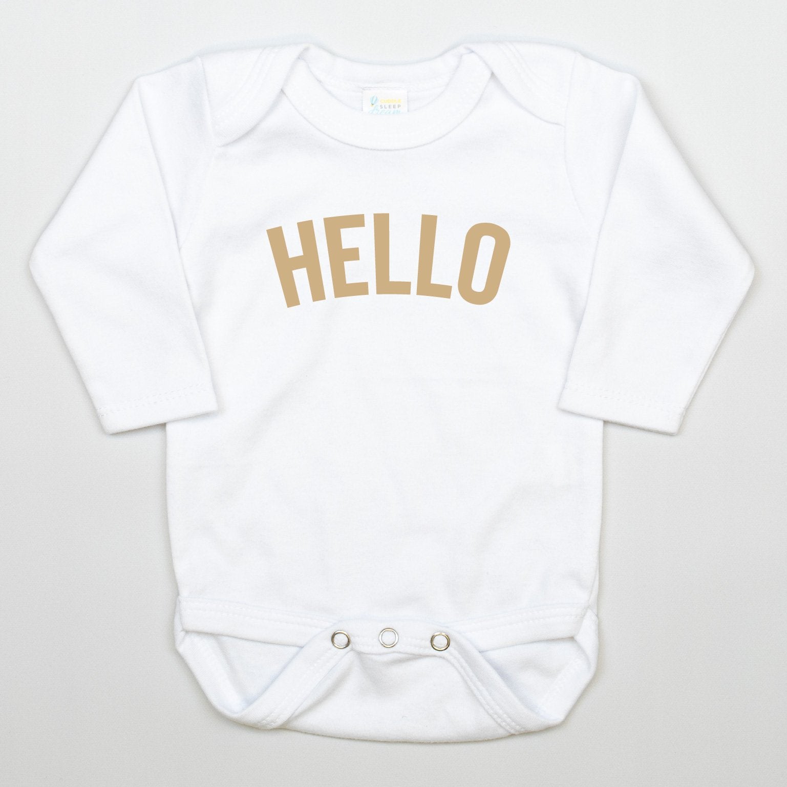 Cuddle Sleep Dream Newborn Long Sleeve Hello in Tan Block Bodysuit