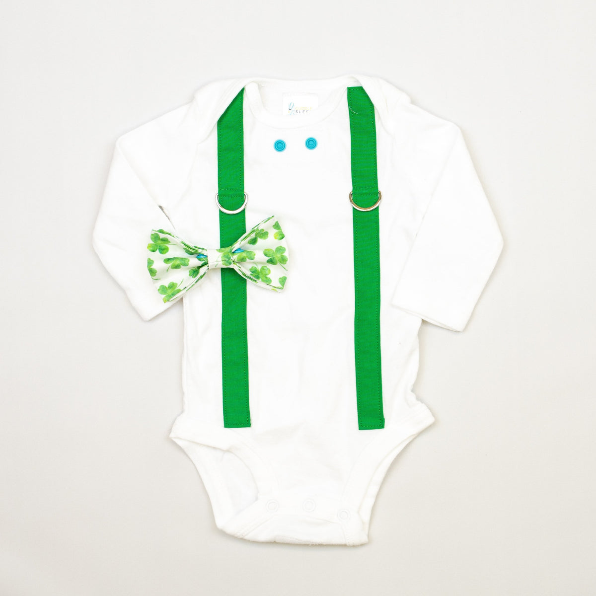 Cuddle Sleep Dream Oh Snap Kelly Green Suspenders | Shamrocks on White Bowtie