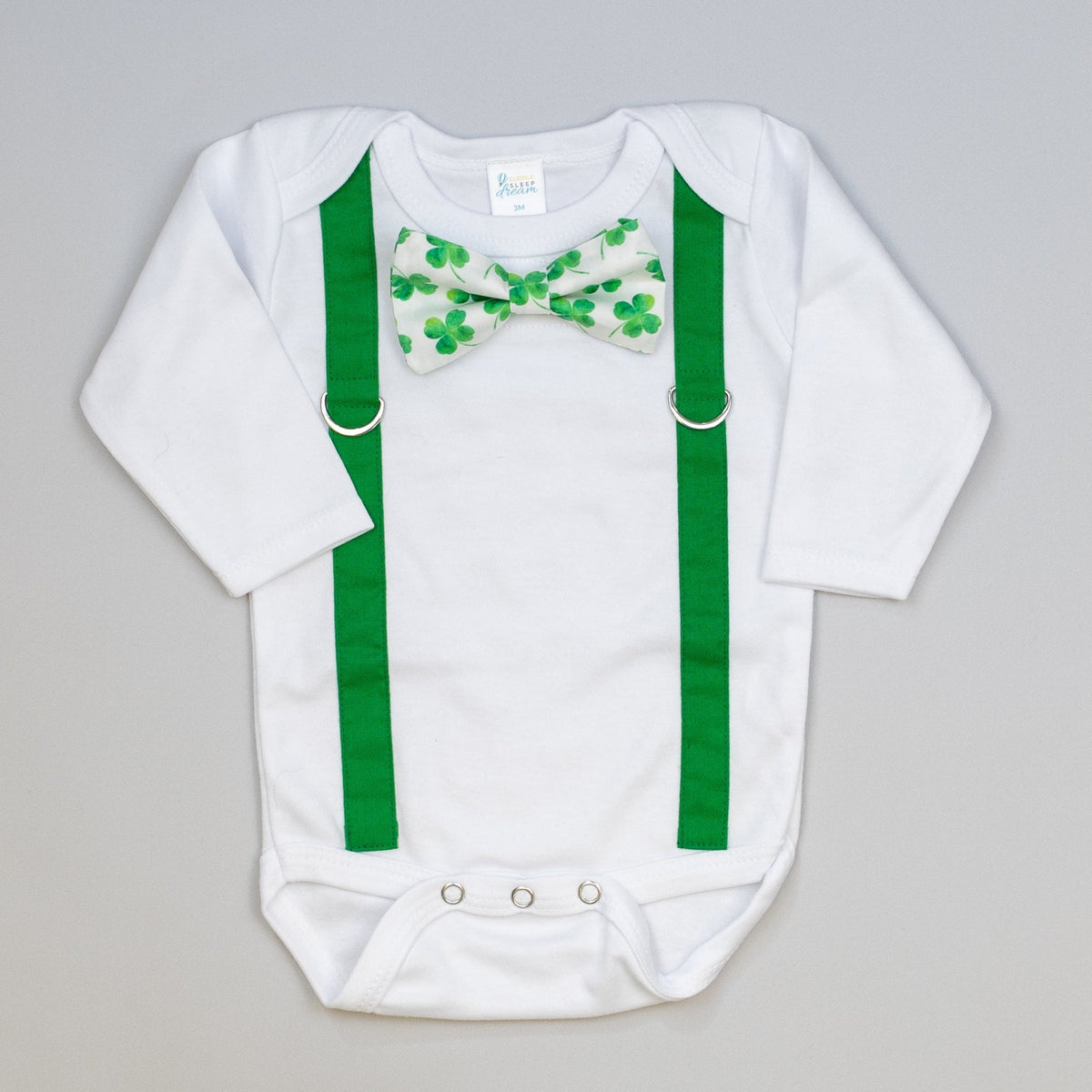 Cuddle Sleep Dream Oh Snap Kelly Green Suspenders | Shamrocks on White Bowtie