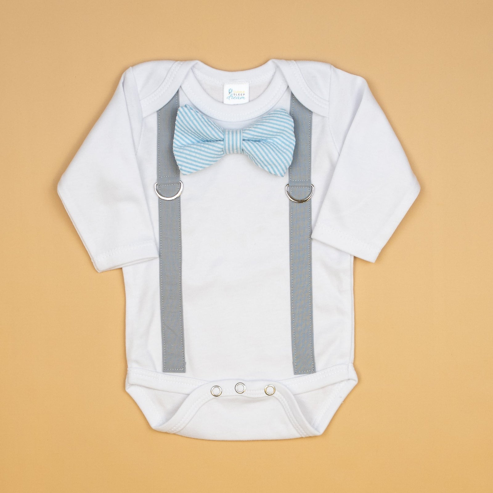 Cuddle Sleep Dream Oh Snap Light Gray Suspenders | Lt Blue Seersucker Bowtie