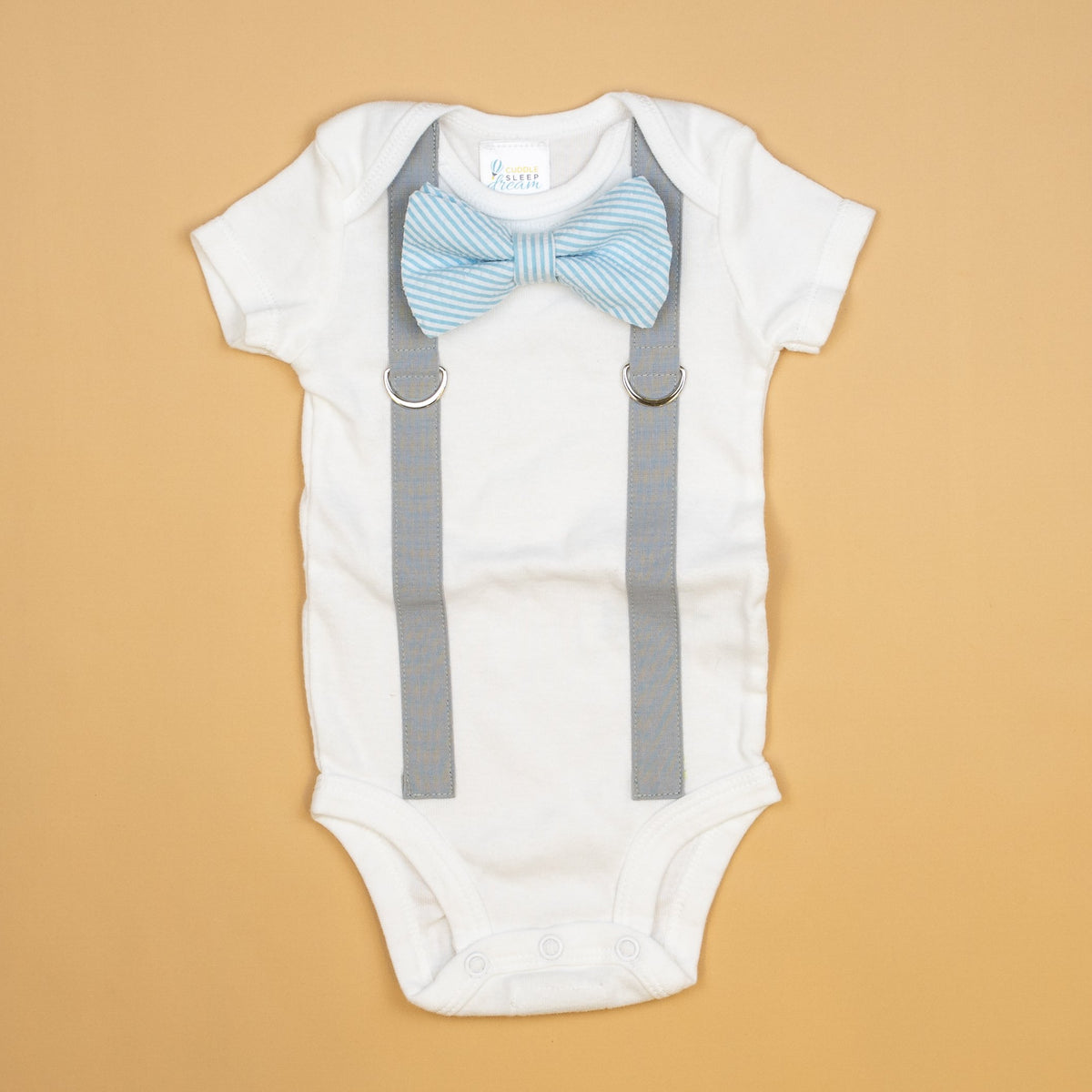 Cuddle Sleep Dream Oh Snap Light Gray Suspenders | Lt Blue Seersucker Bowtie